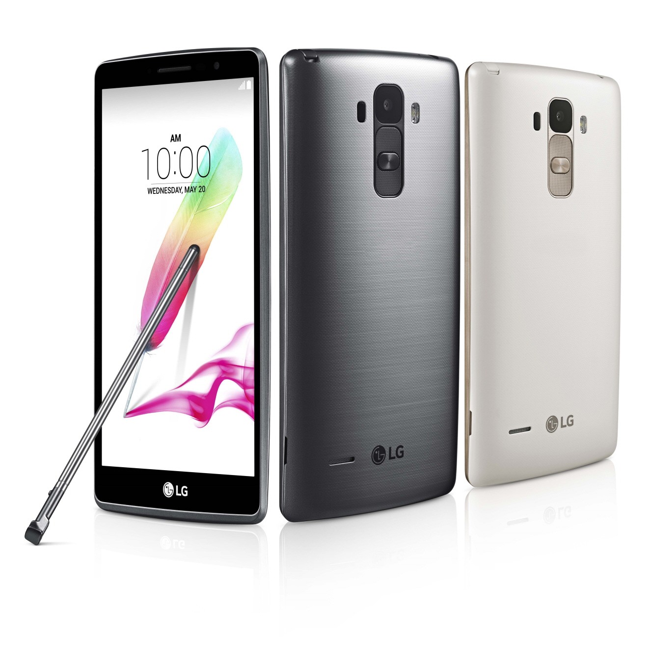 From left to right; A front view of G4 Stylus with its RubberdiumTM Stylus leaned, G4 Stylus in Metallic Silver, G4 Stylus in Floral White.