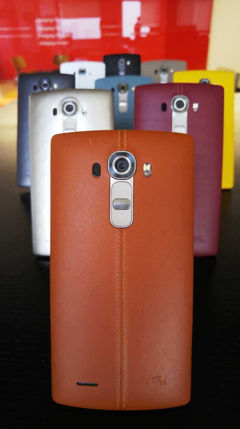 LG G4 handsets wearing three unique material covers in three colors(Metallic Gray, Shiny Gold, Ceramic White) with 3D patterns and handcrafted, genuine full grain leather back cover in six colors(Sky Blue, Black, Beige, Yellow, Red, Brown)