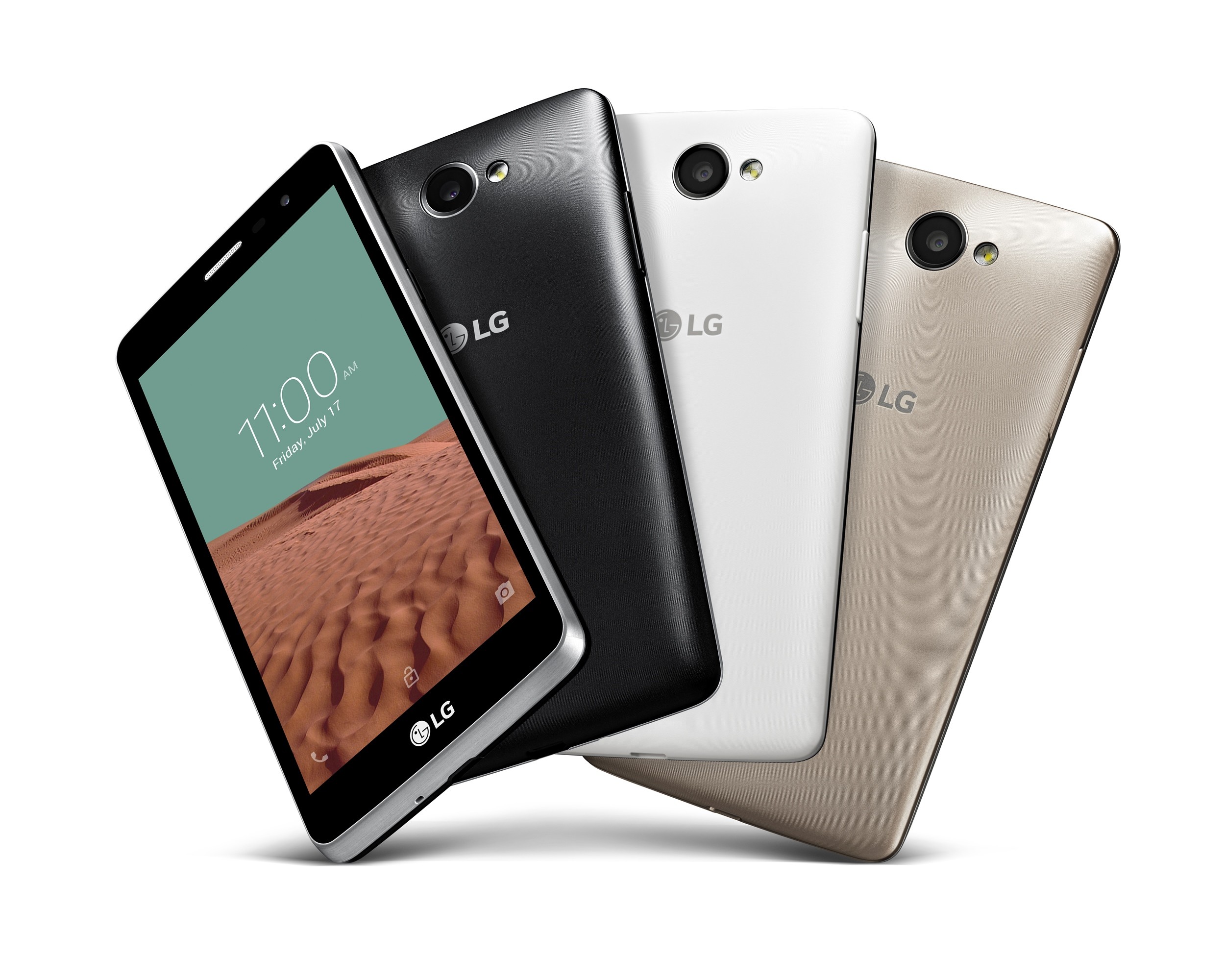 From left to right; a front view and a back of LG Bello IIs in black color and white color, back views of LG Bello IIs each in white color and gold color.