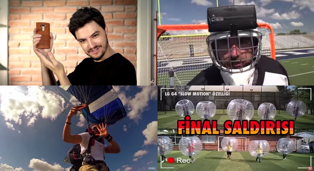 4 screen shots of videos of five popular Youtubers dealing with LG G4’s best features. Clockwise from upper left; Felipe Neto, Dude Perfect, OHA Diyorum, Alex Chacón