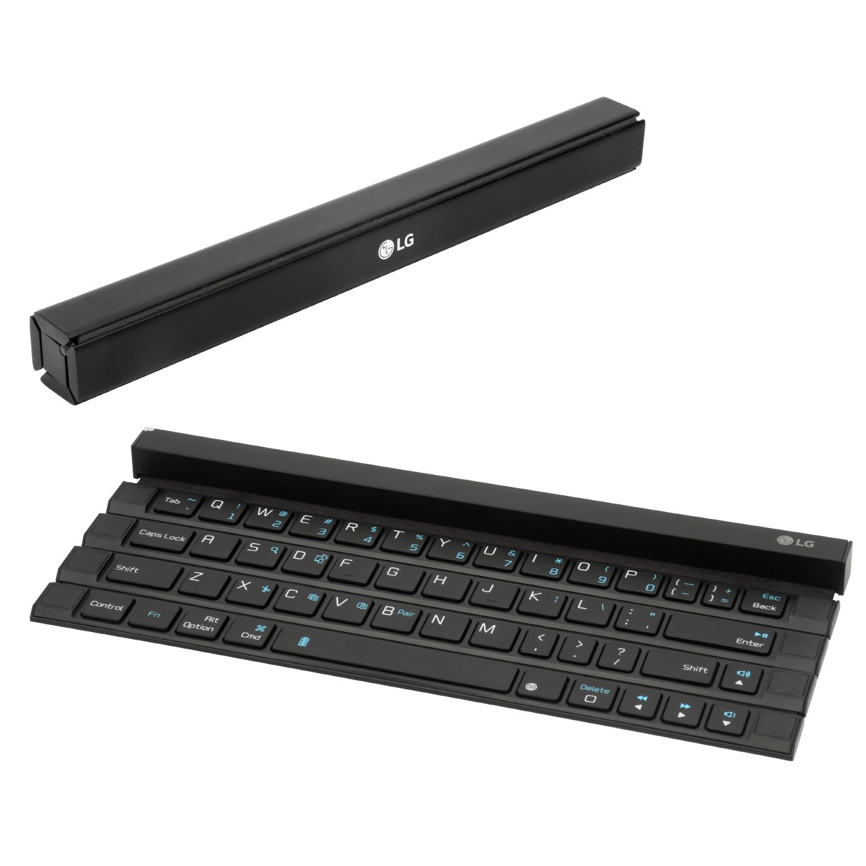 One fully folded Rolly Keyboard next to another fully unfolded.