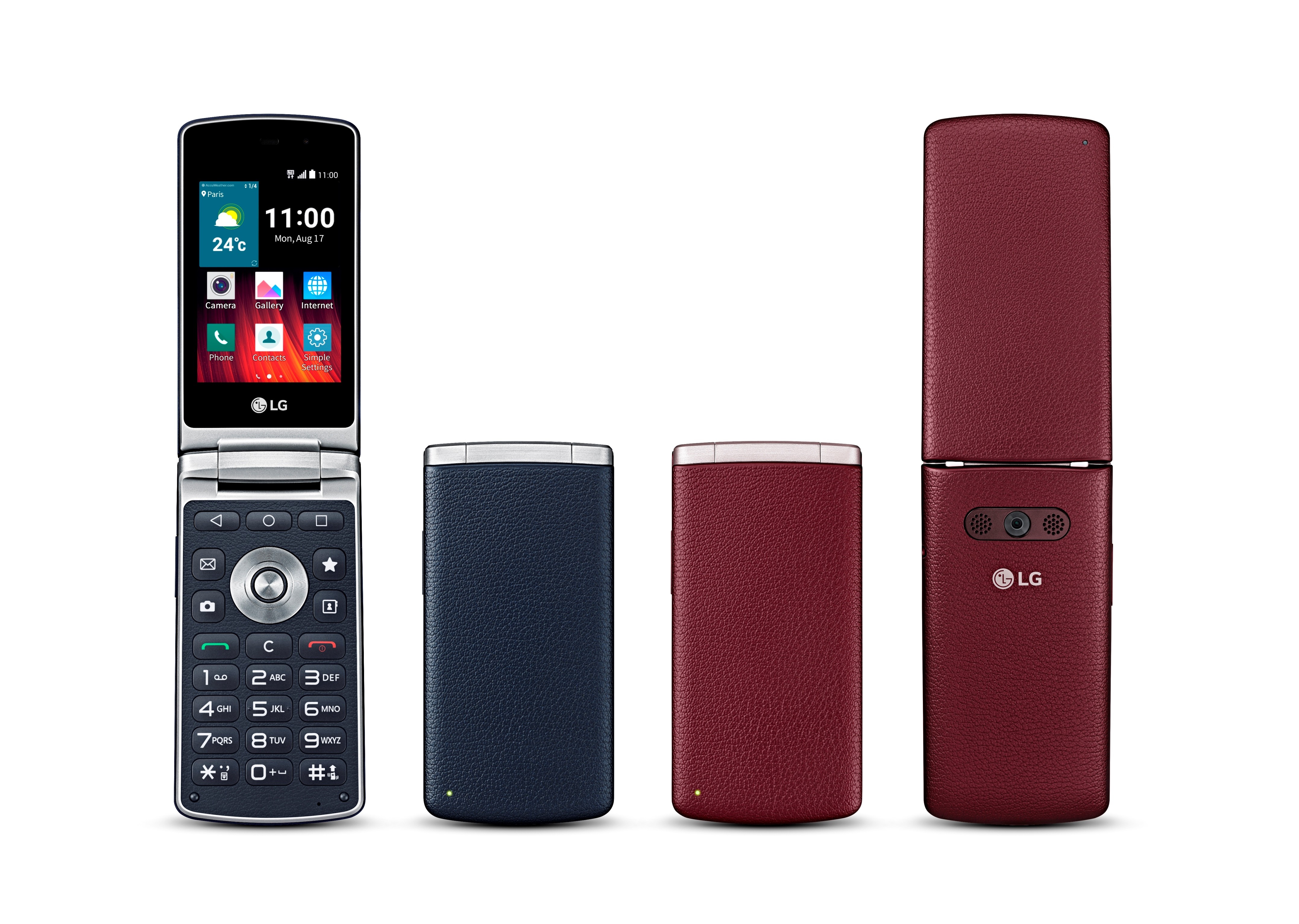 Rear and front views of the LG Wine Smart while open and closed, showing off its Navy and Burgundy models.