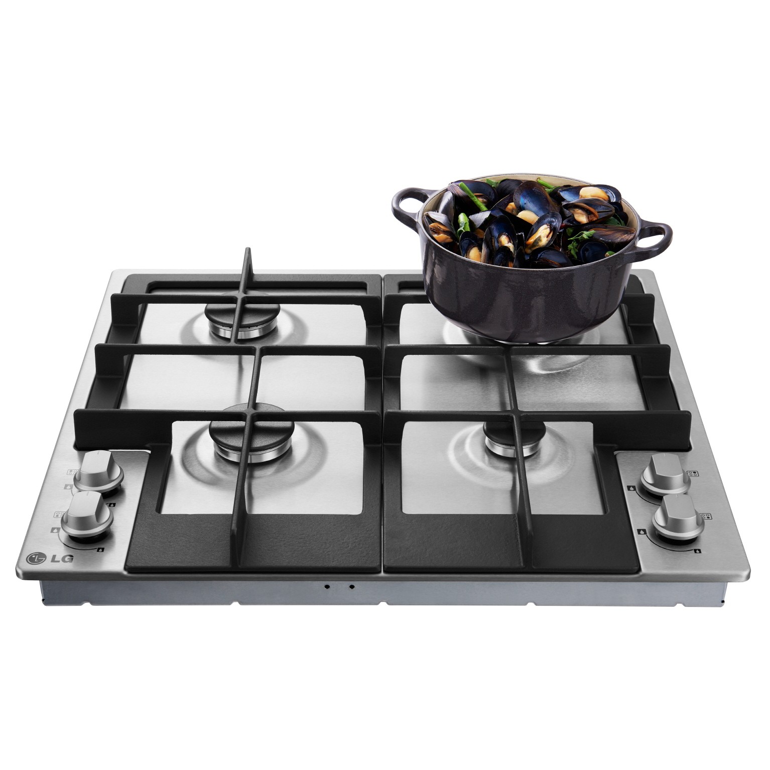 LG Studio gas cooktop with a cooking pot on the right upper section