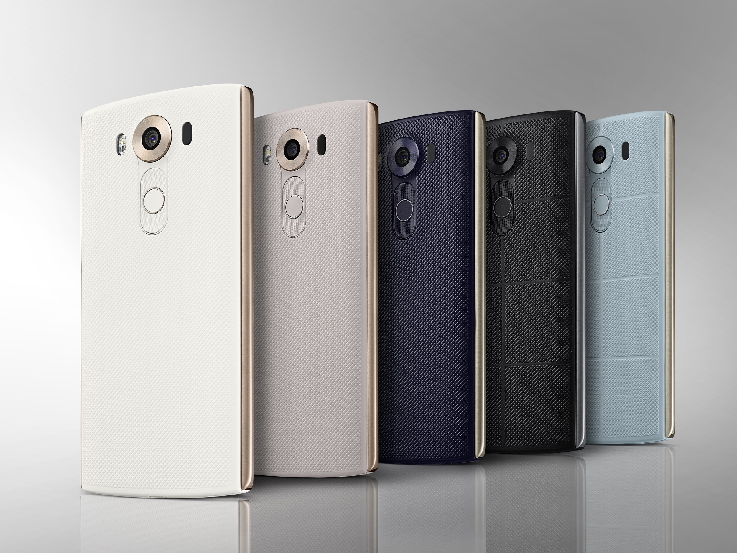 The back view of the LG V10 in Luxe White, Modern Beige, Opal Blue, Space Black and Ocean Blue