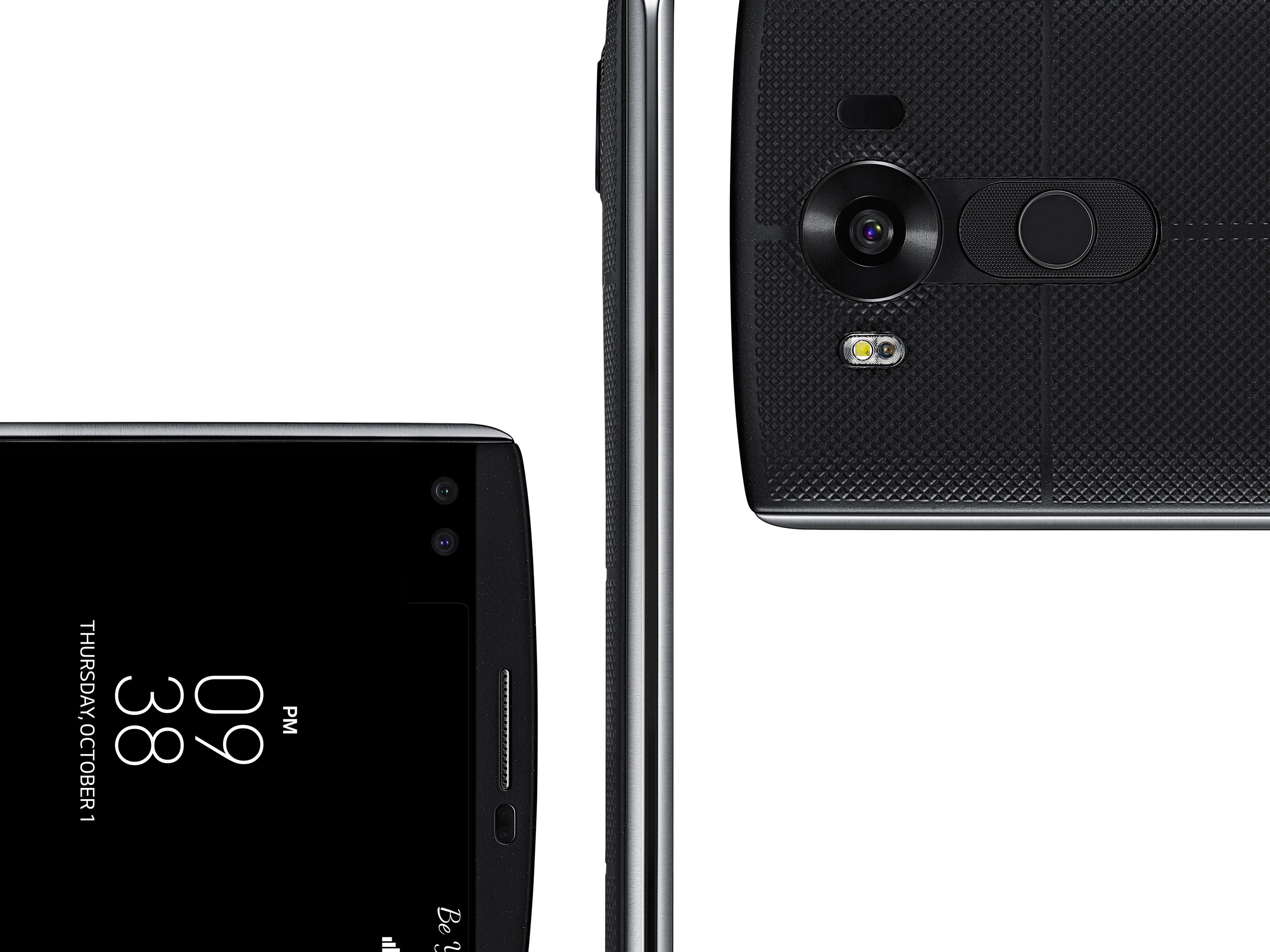The front, back and side view of the LG V10 in Space Black