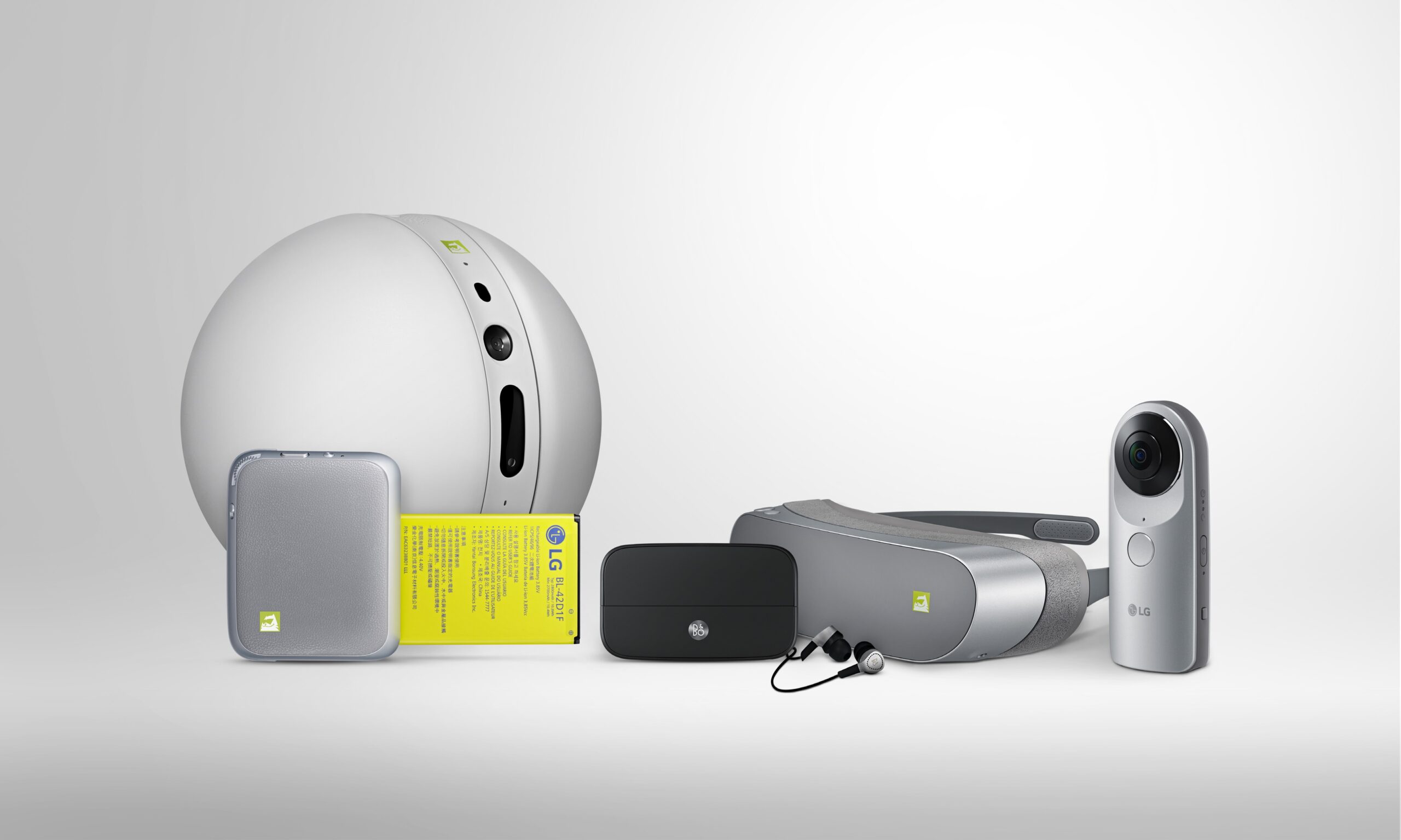 Front view of the LG G5 Friends, which includes the LG Rolling Bot, LG CAM Plus, LG Hi-Fi Plus with B&O PLAY, LG 360 VR and LG 360 CAM, side-by-side