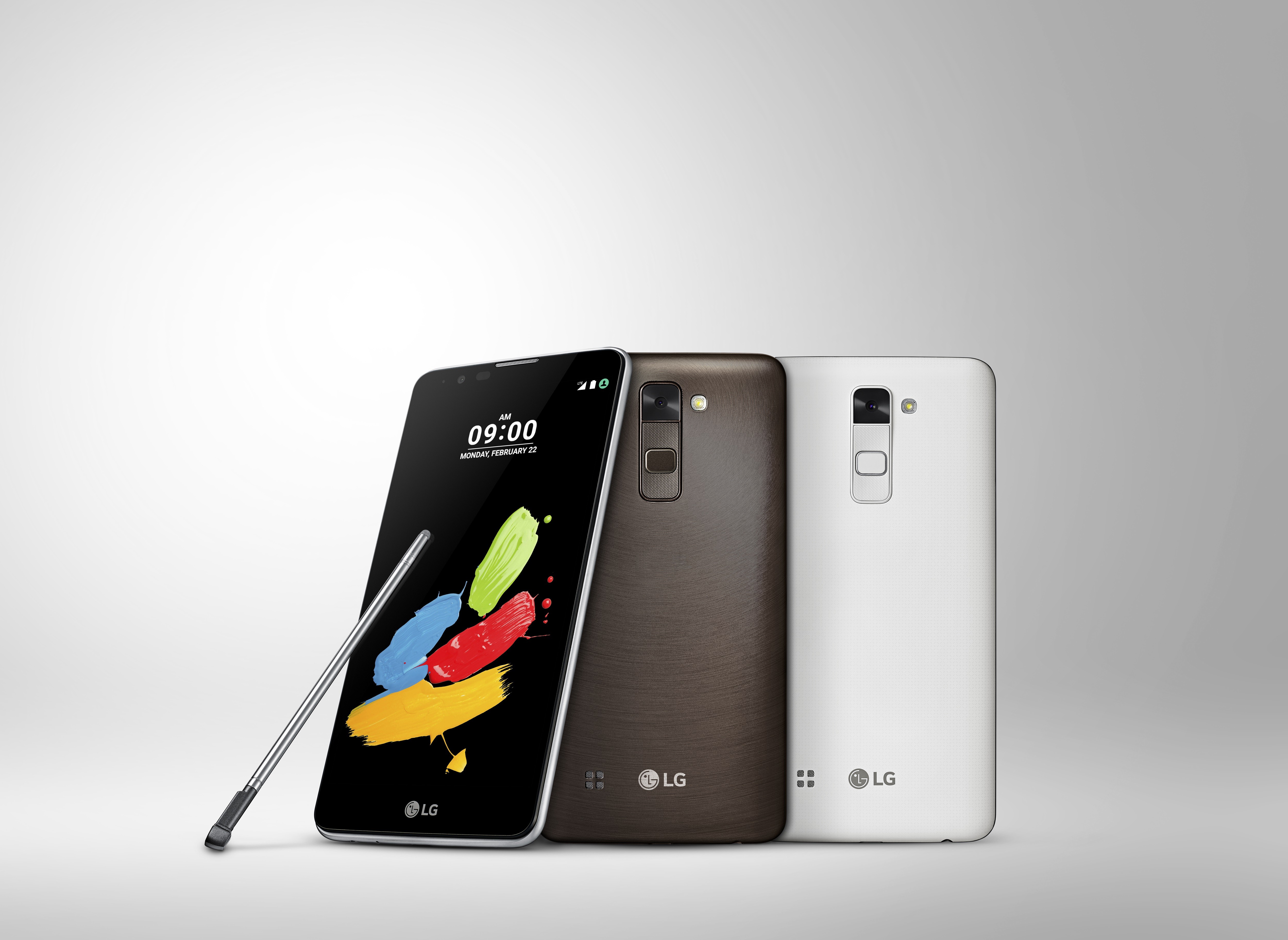 The front and back view of the LG Stylus 2 in Titan, Brown and White