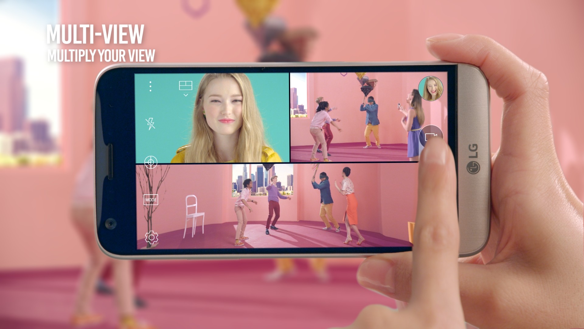 A girl takes a selfie and pictures of the scene in front of her simultaneously with the LG G5’s Multi View feature