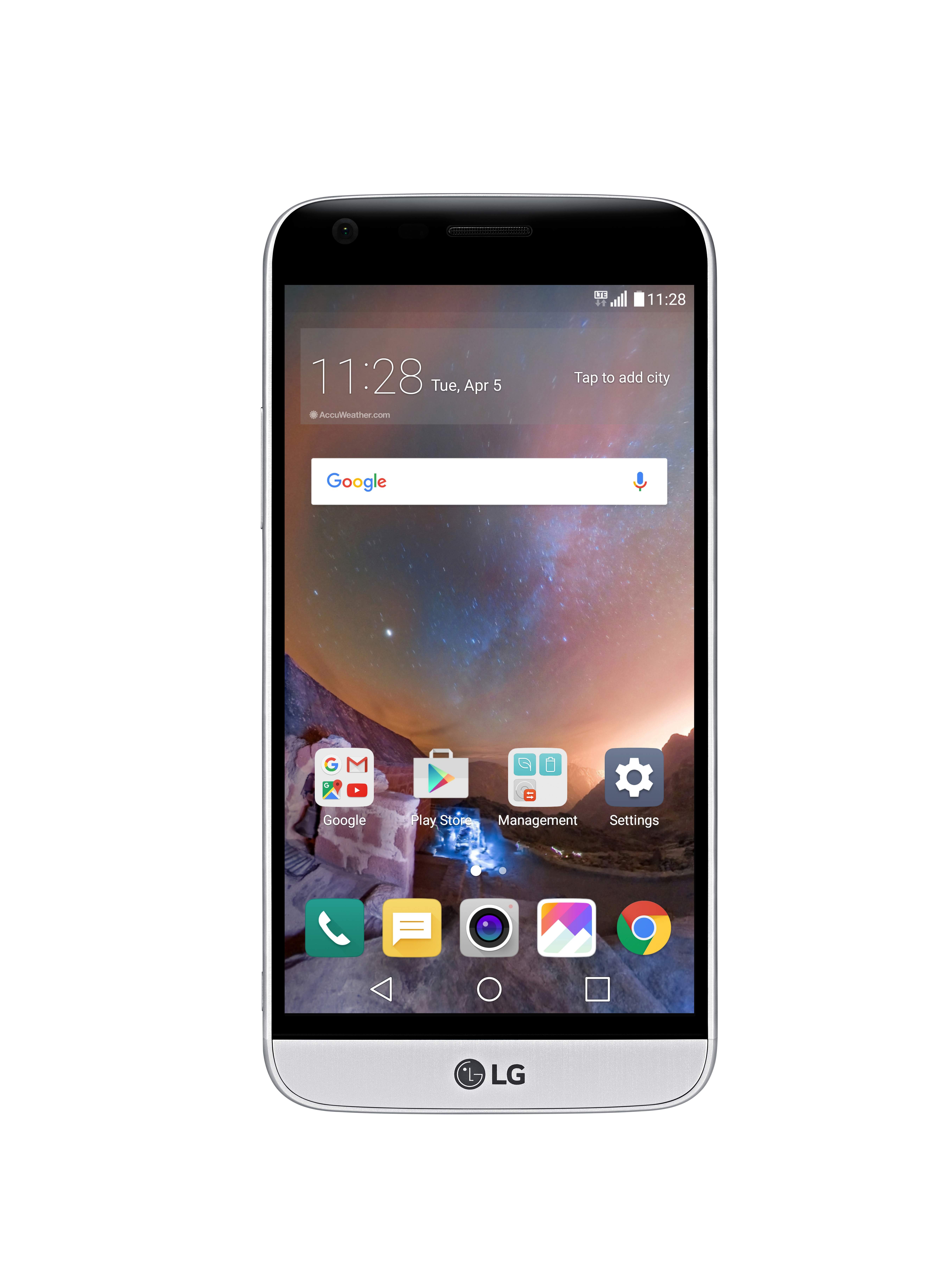 The front view of the LG G5 in Silver with the new 360-degree VR wallpaper displaying mountains and the night sky