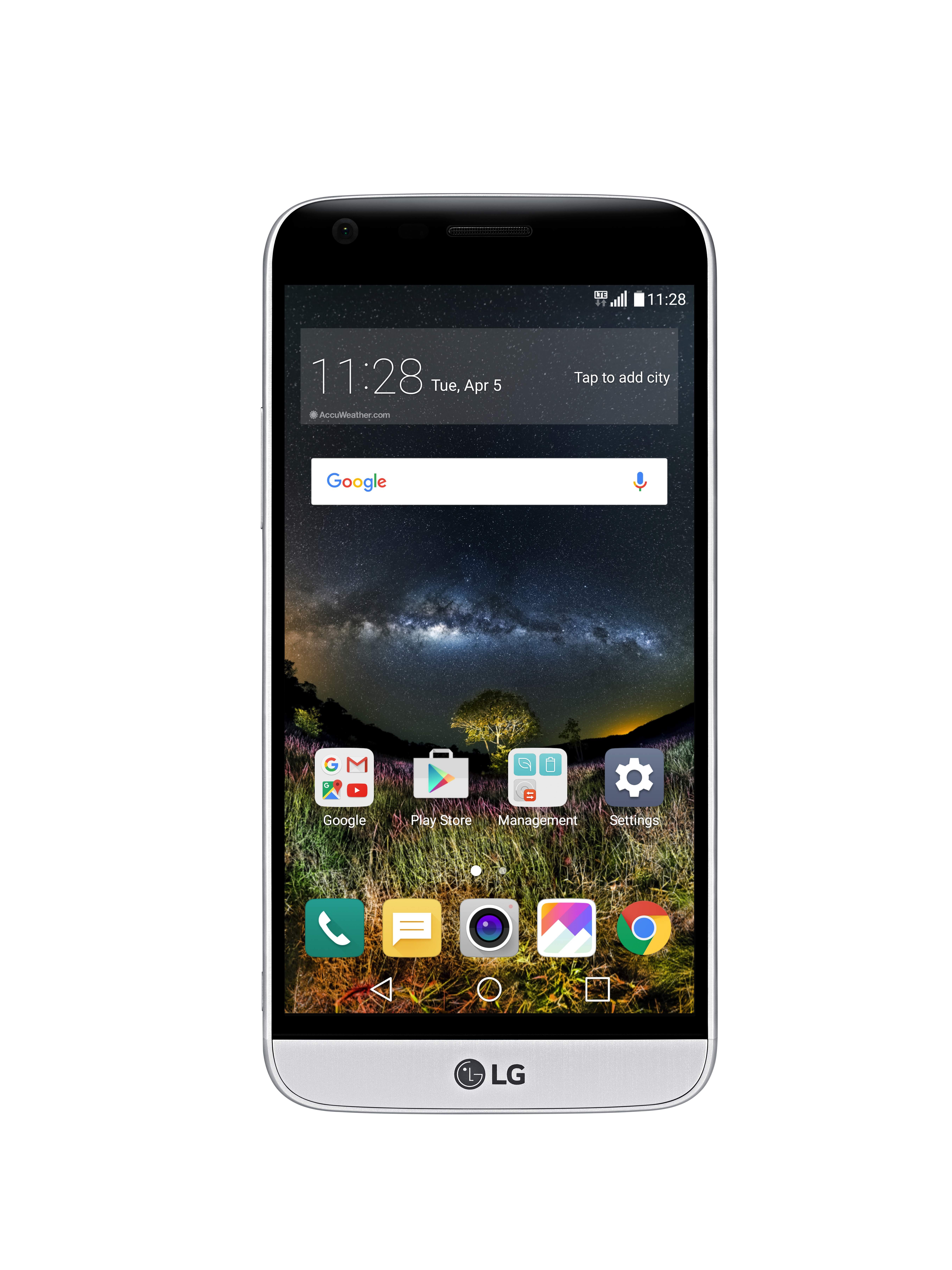 The front view of the LG G5 in Silver with the new 360-degree VR wallpaper displaying nature and the night sky