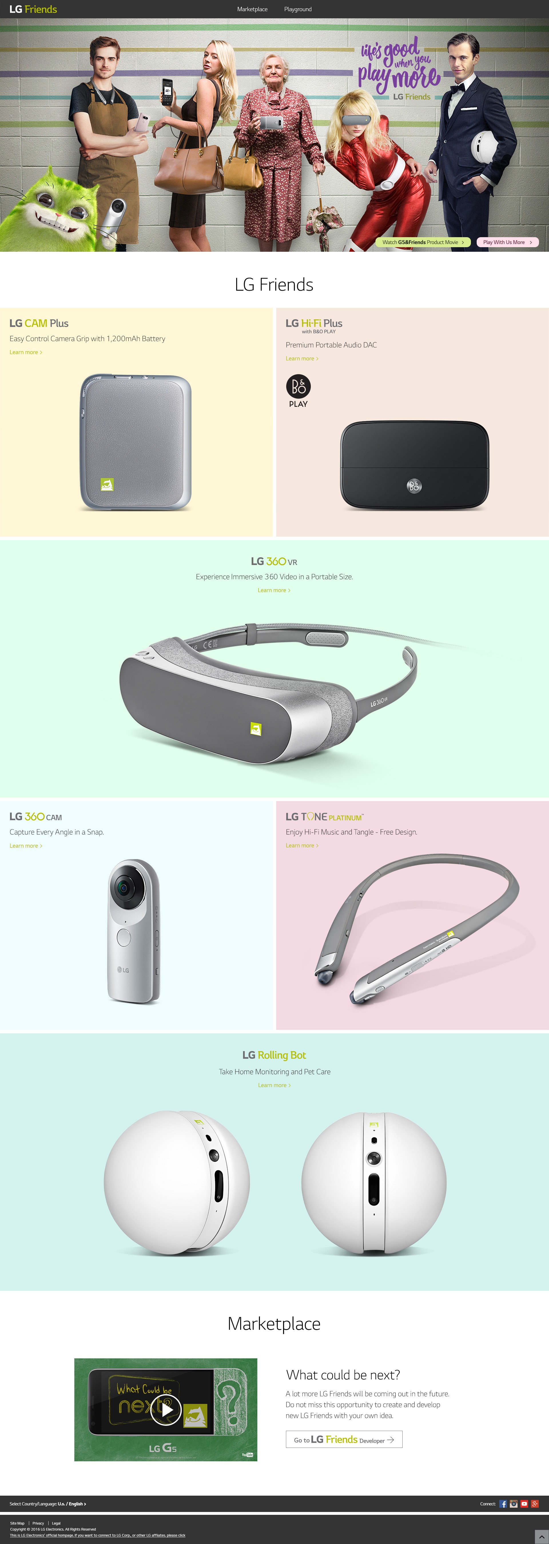 A screenshot of the LG Friends Online Portal, which includes detailed product pages for the LG CAM Plus, LG Hi-Fi Plus with B&O PLAY, LG 360 VR, LG 360 CAM, LG TONE Platinum™ and LG Rolling Bot