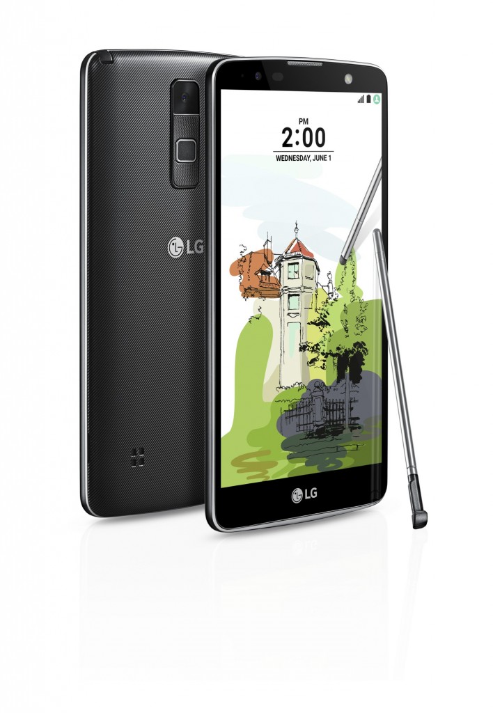 The front and back view of the LG Stylus 2 Plus in Titan