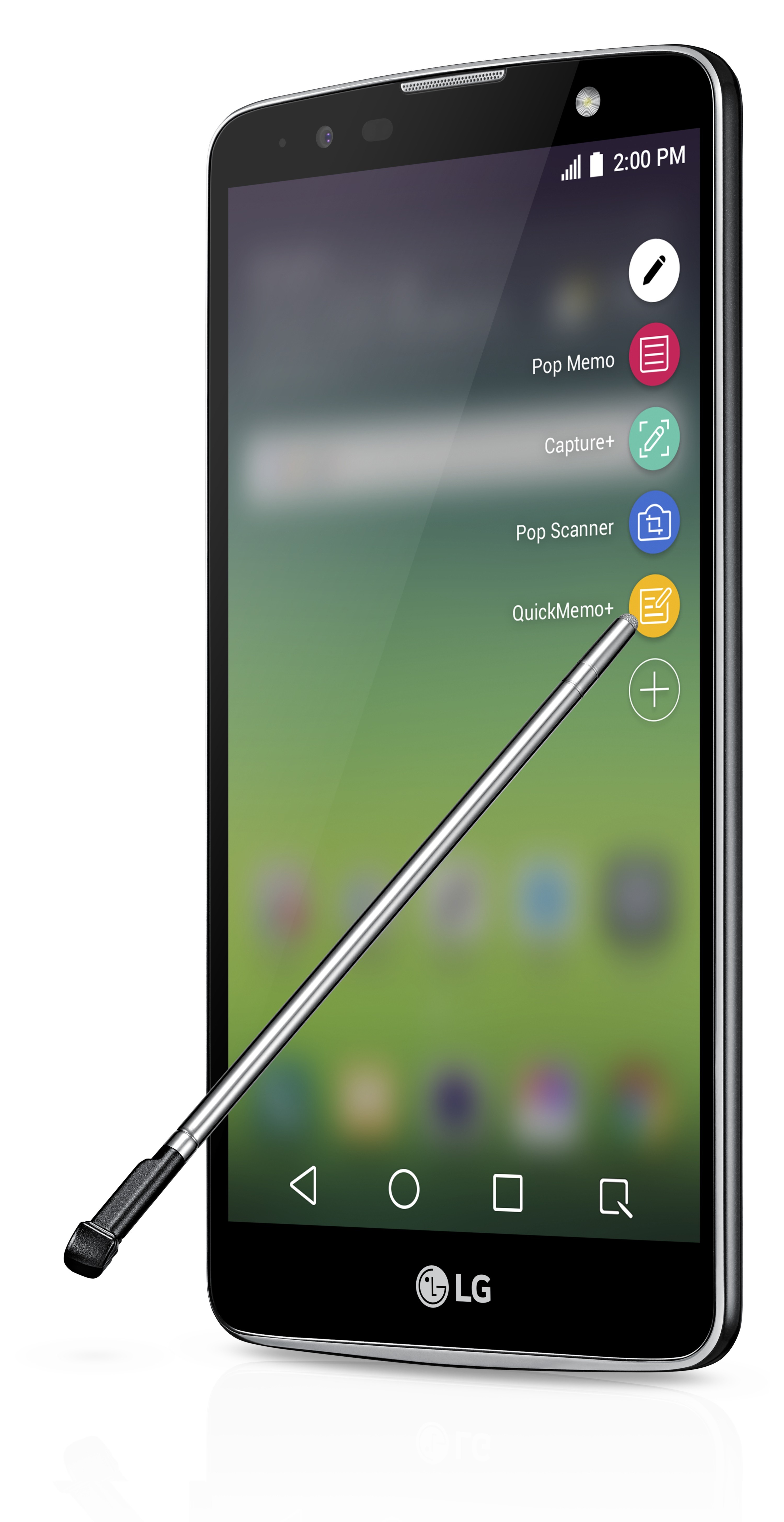 The front view of the LG Stylus 2 Plus, with the stylus pointing to the QuickMemo+ icon on the display menu