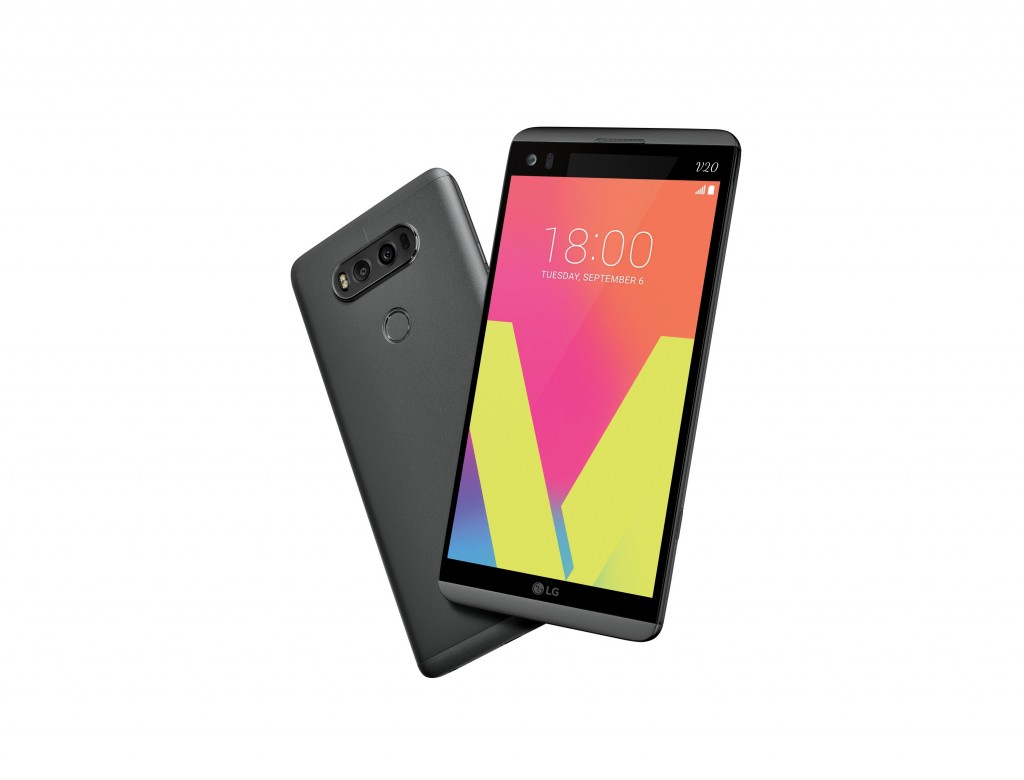 The front and rear view of the LG V20 in Titan
