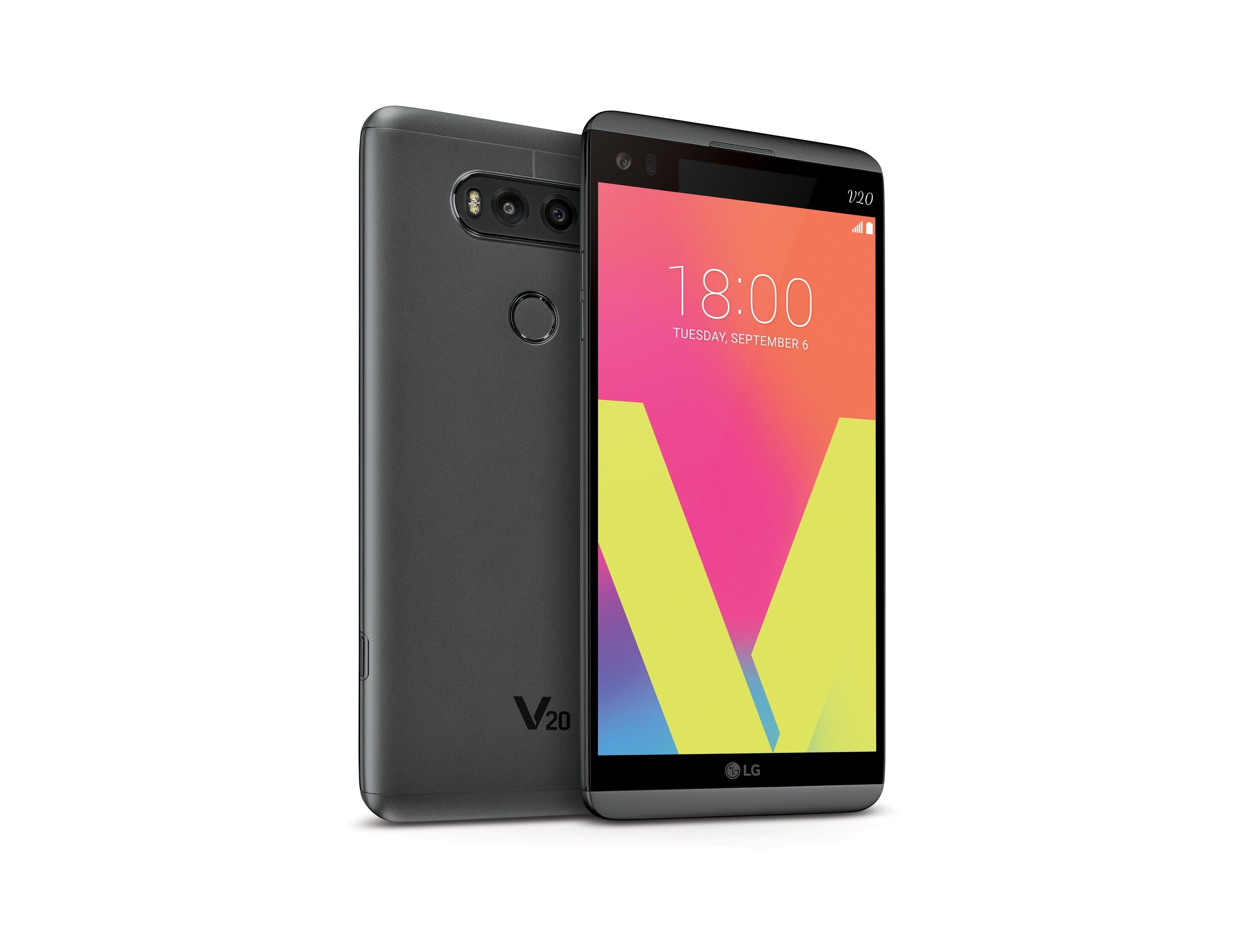 The front and rear view of the LG V20 in Titan