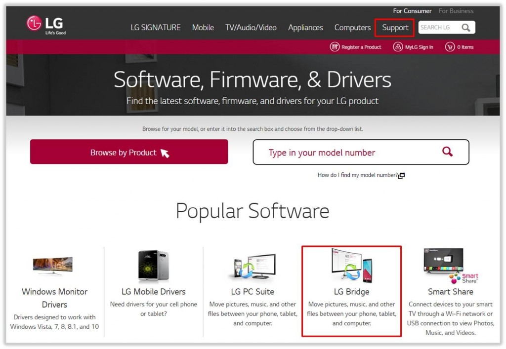 Screenshot of LG website – upgrading 360 CAM