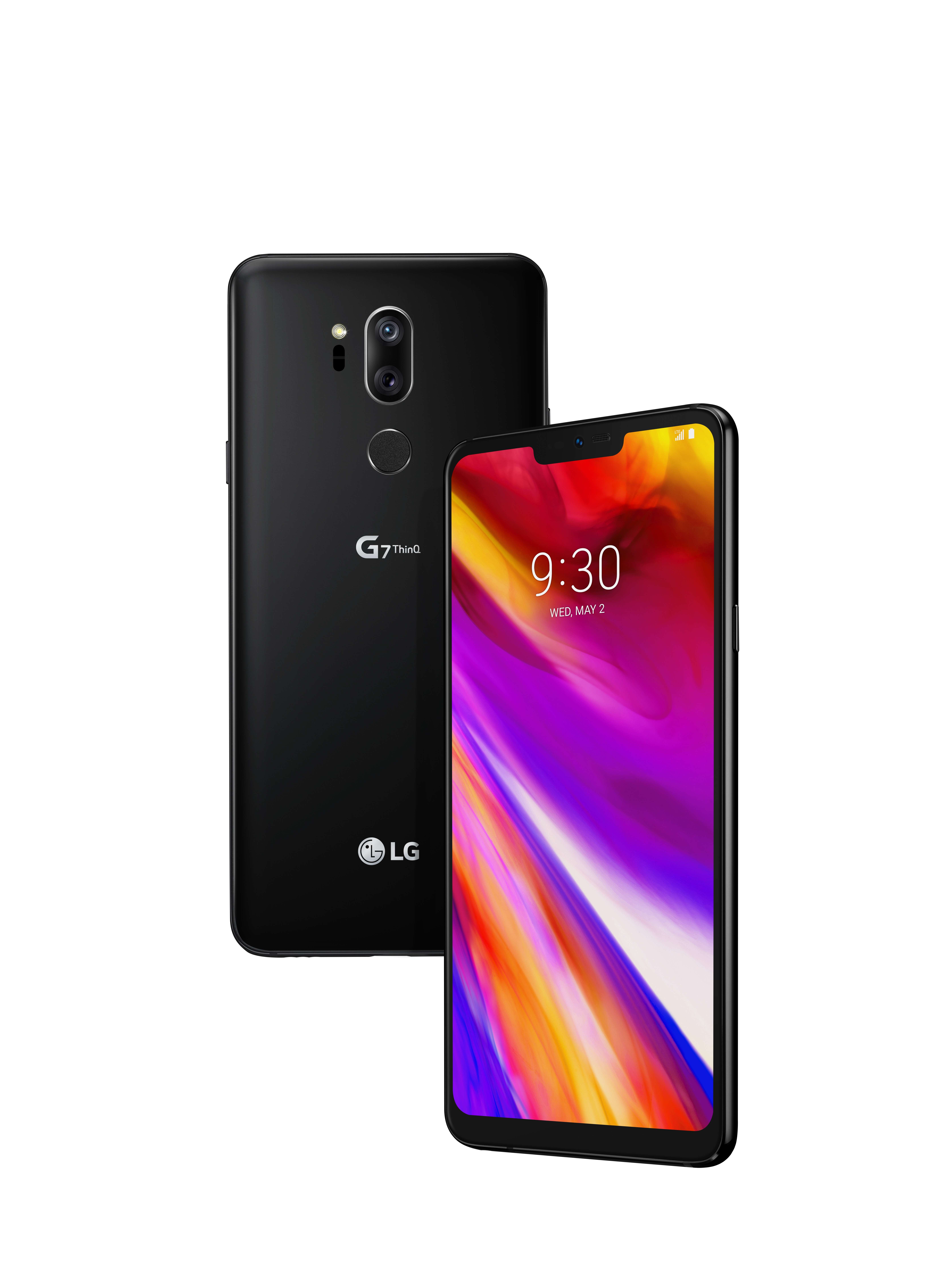 The front and rear view of the LG G7 ThinQ in New Aurora Black