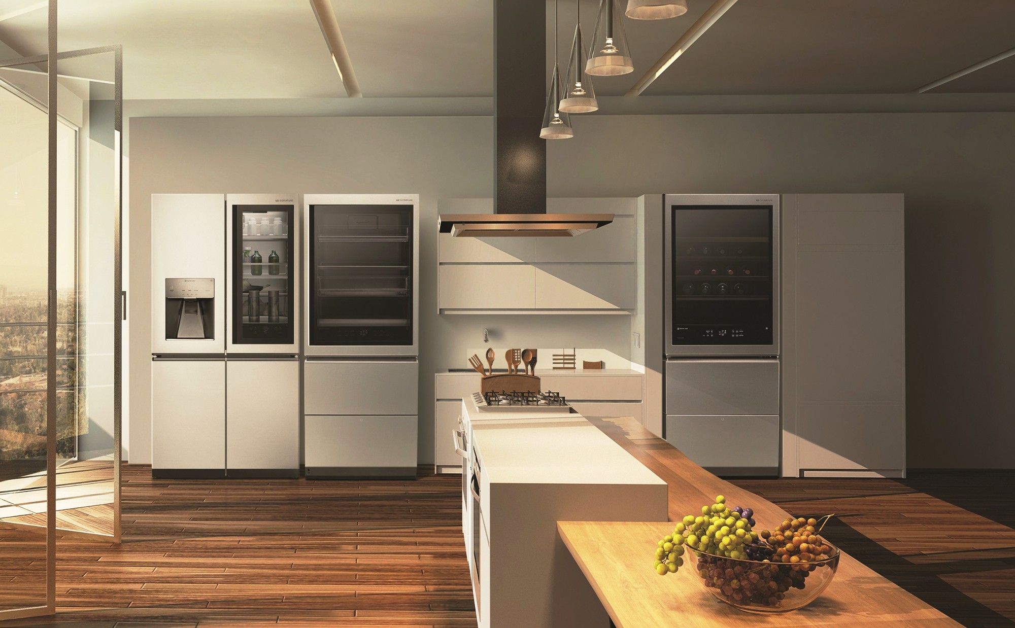 LG SIGNATURE Side-by-Side refrigerator, bottom-freezer refrigerator and wine cellar placed inside a modern kitchen.