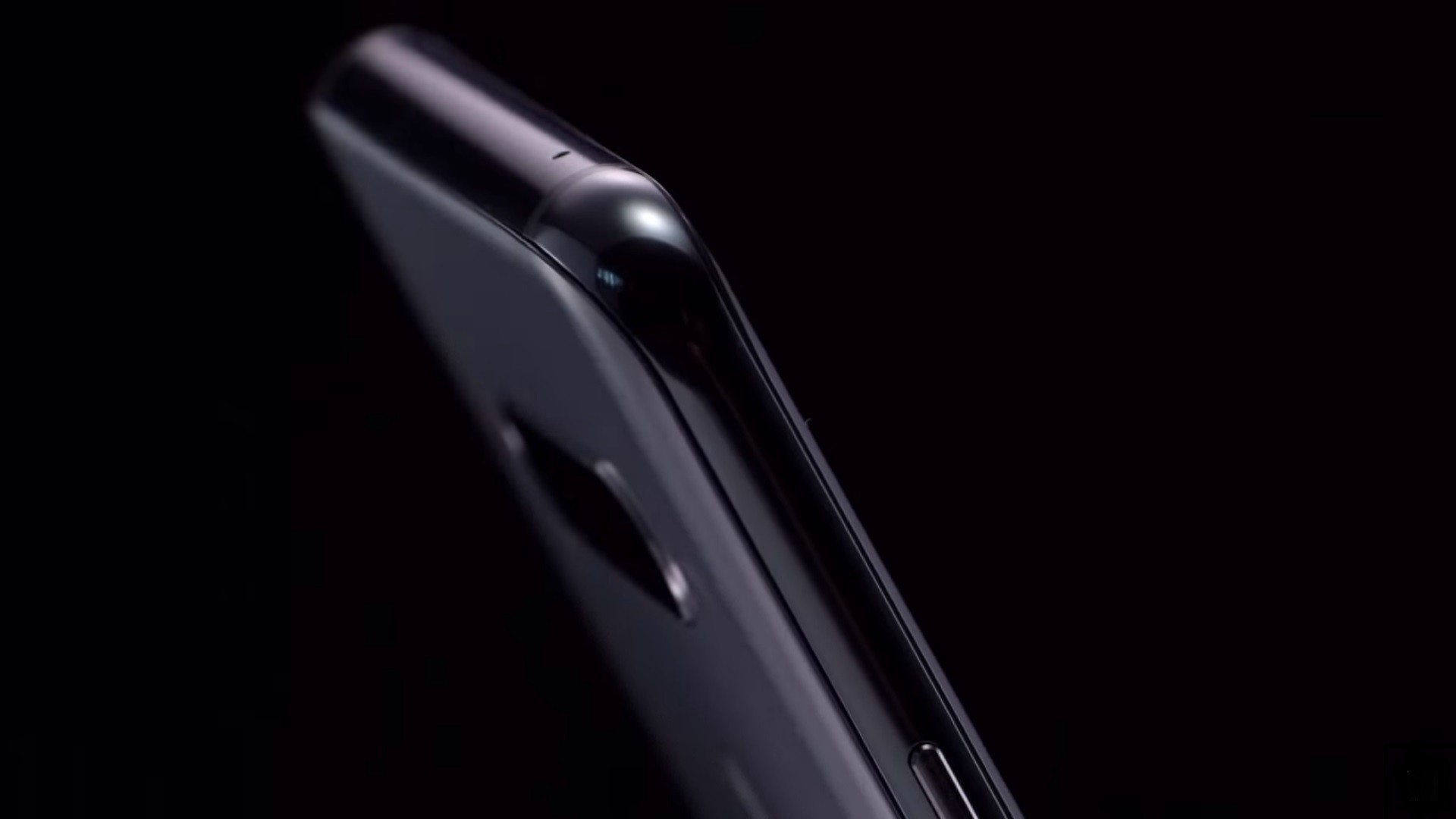 The top, side view of the LG V40 ThinQ in New Aurora Black
