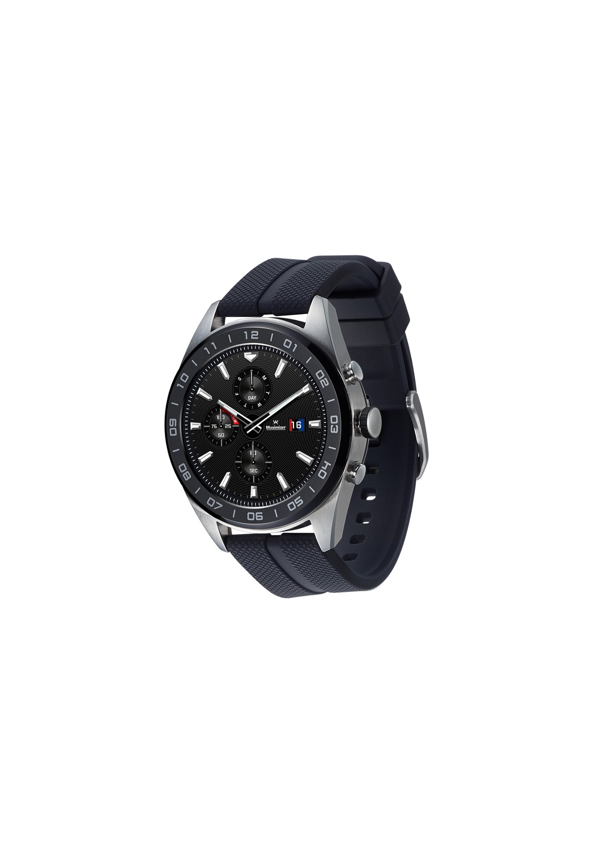 The front, side view of the LG Watch W7 in Cloud Silver