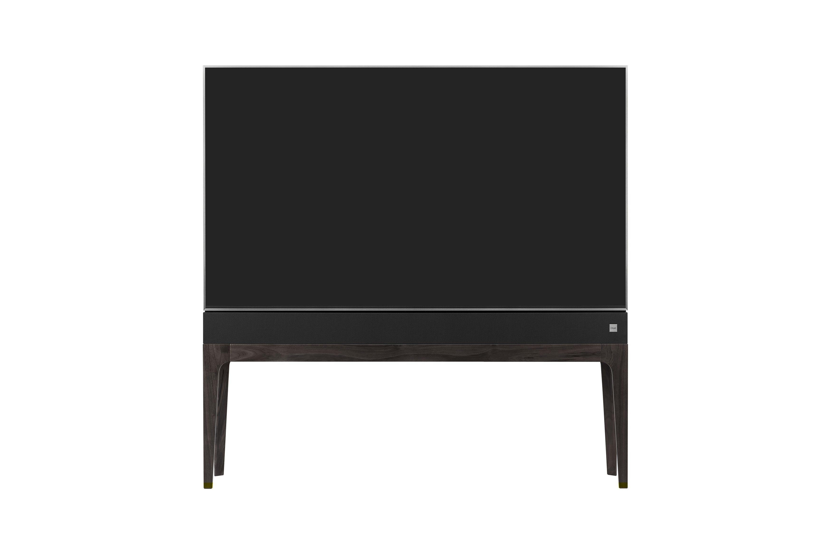Front view of LG OBJET TV, which is built into a slender cabinet with wooden legs
