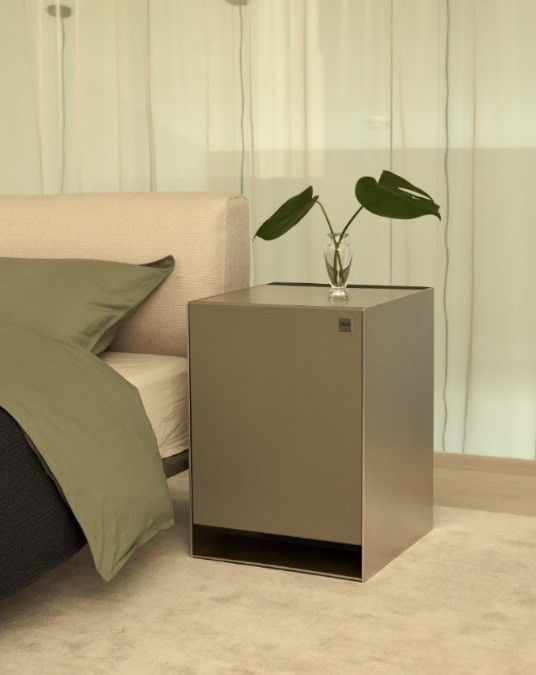 The front view of LG Objet Air Purifier in the bedroom