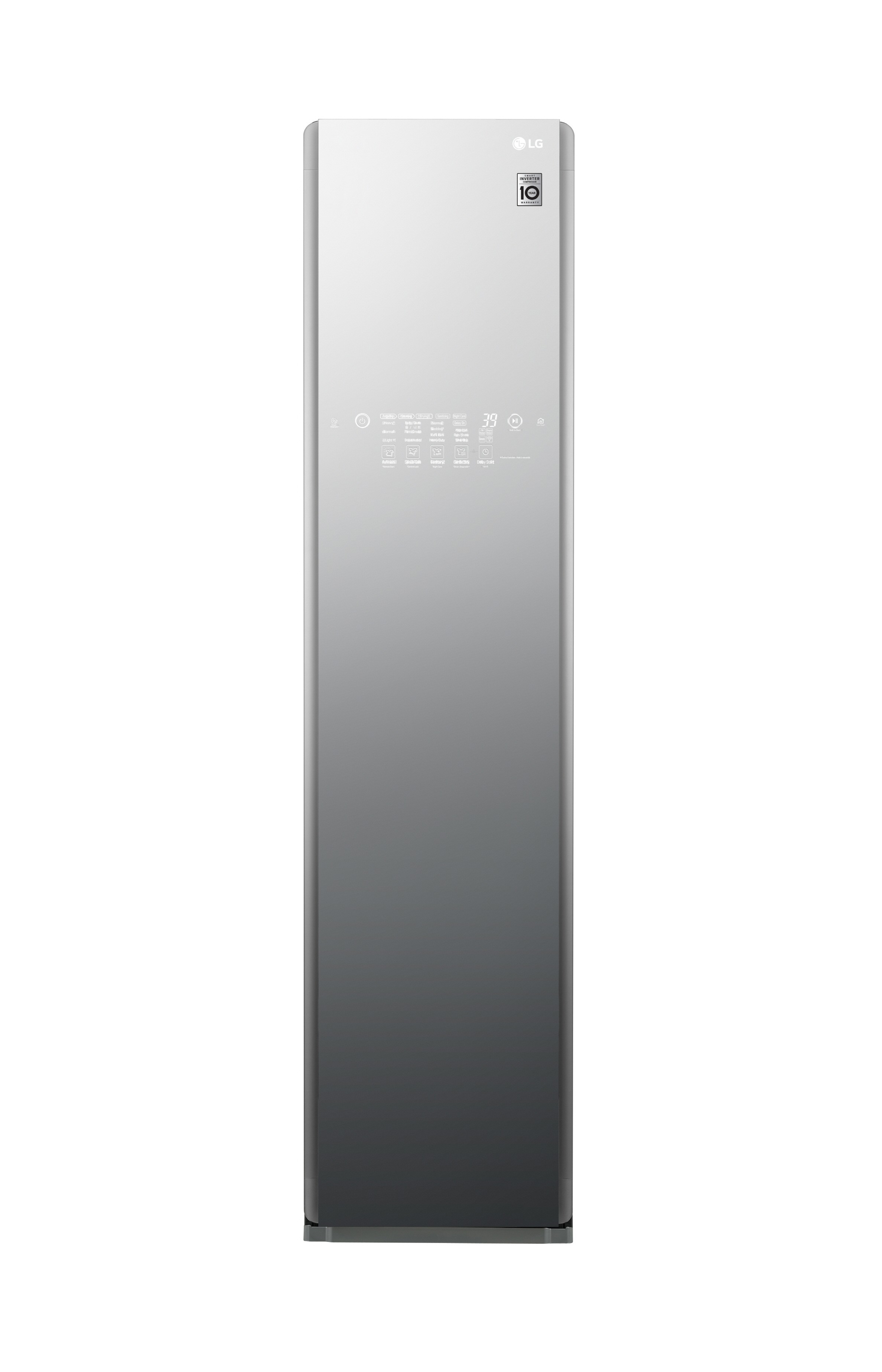 Front view of LG Styler Black Tinted Mirror Glass Door with 3 hangers