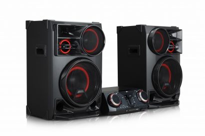 A left-side view of LG XBOOM model OL100 and a right-side view of LG XBOOM model CL98