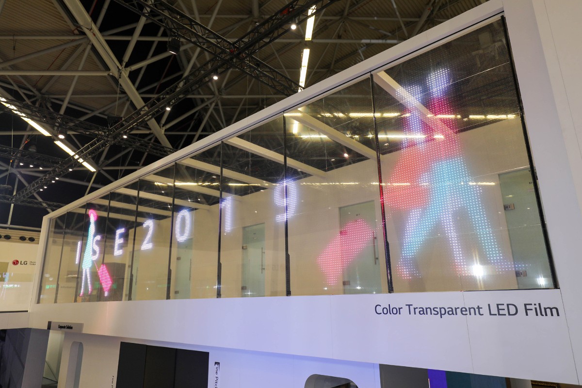 LG’s color transparent LED film signage presented at ISE 2019.