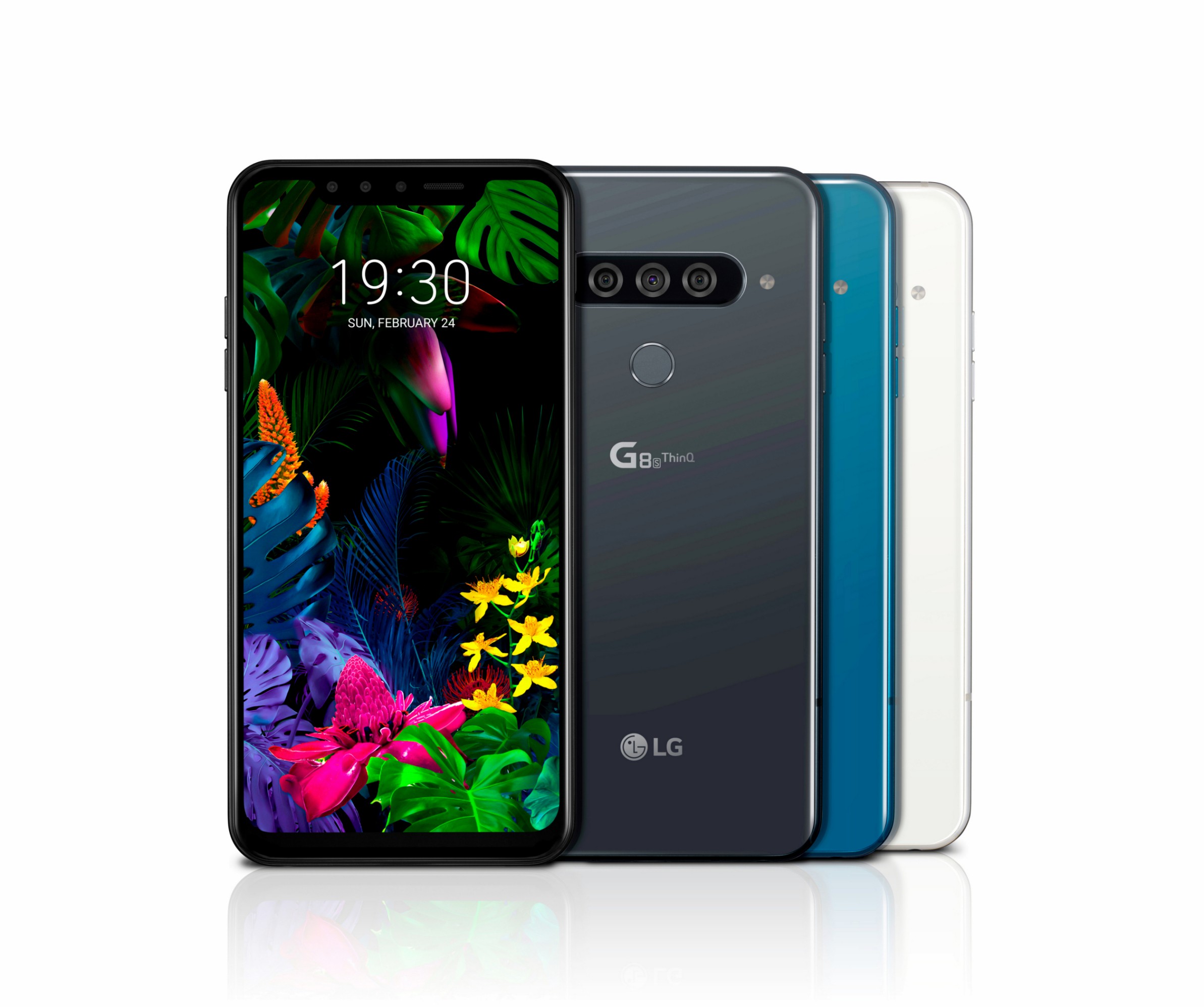 The front and rear view of the LG G8S ThinQ in Mirror Black, Mirror Teal and Mirror White