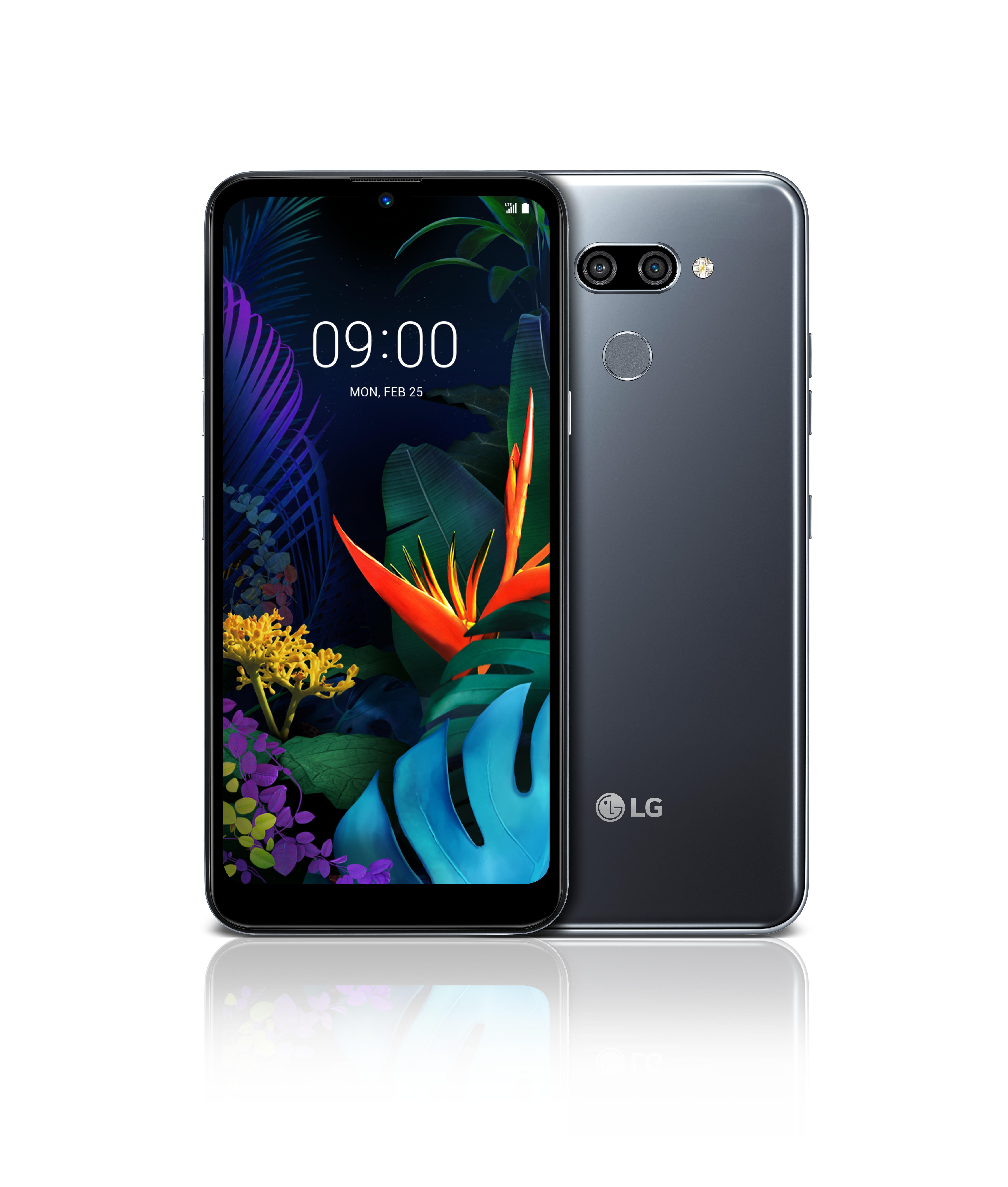 The front and rear view of the LG K50 in New Platinum Gray