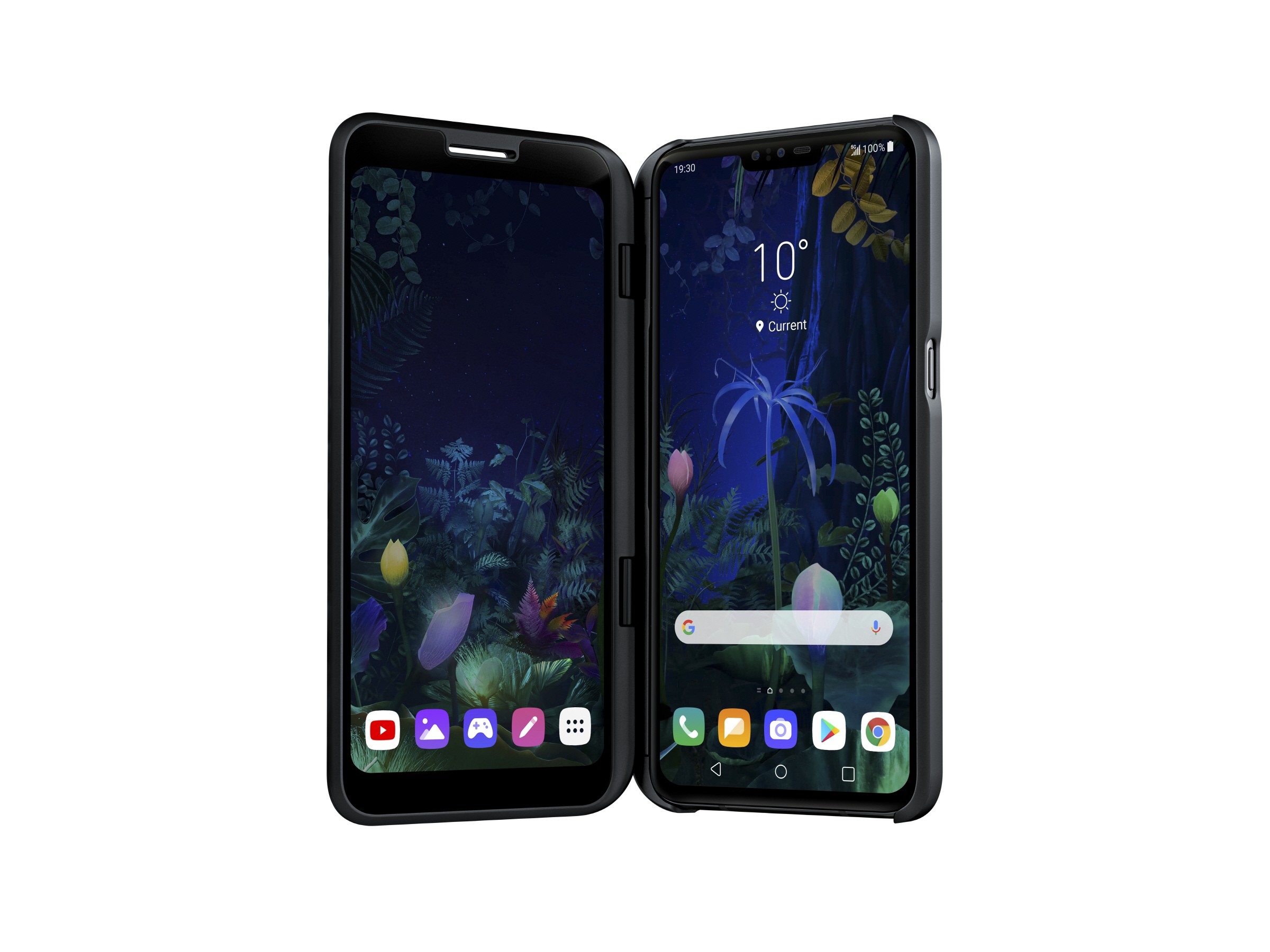 The front view of the LG V50 ThinQ 5G connected to the LG Dual Screen