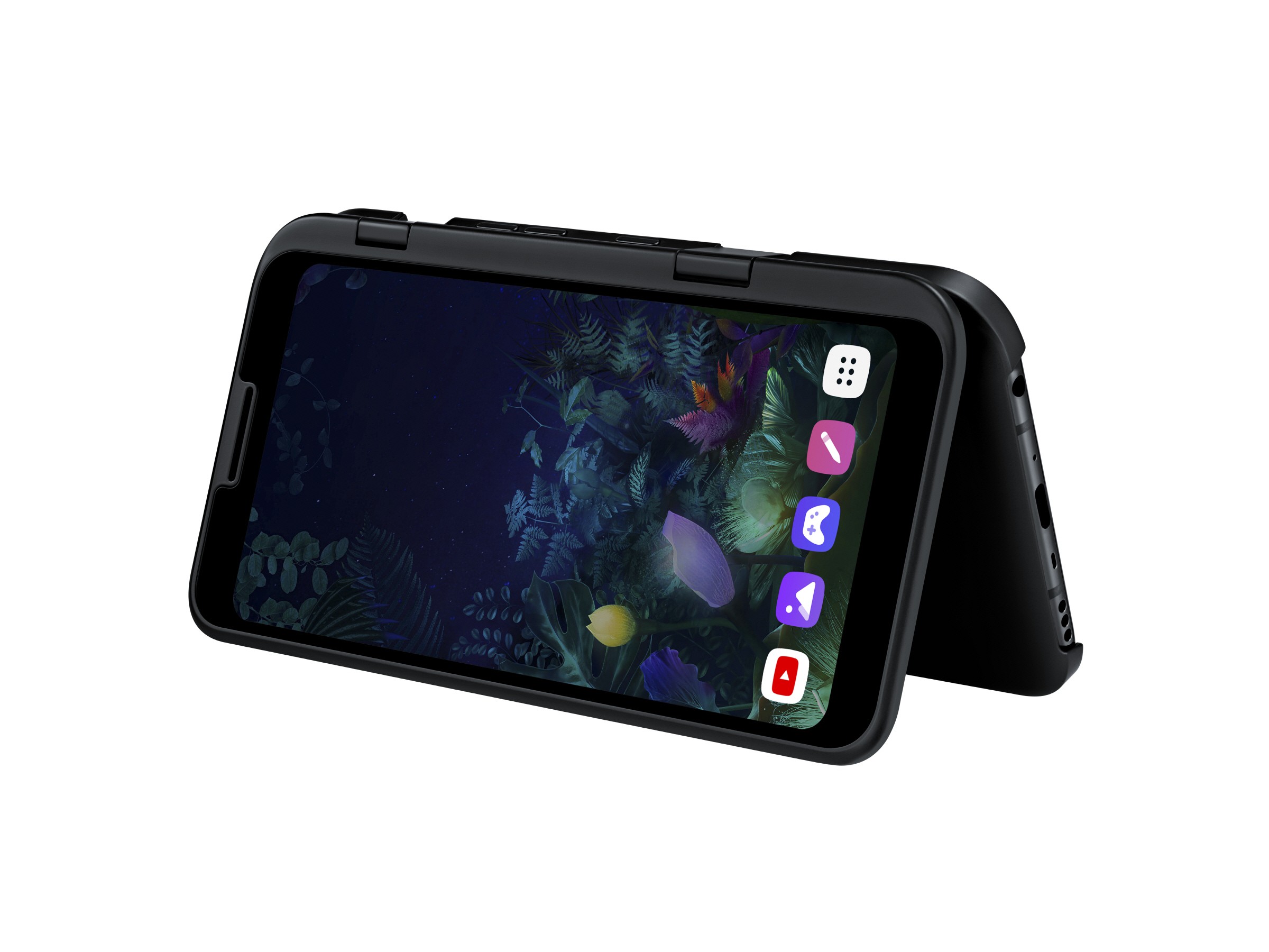 The LG V50 ThinQ 5G and LG Dual Screen positioned in a way to prop itself up