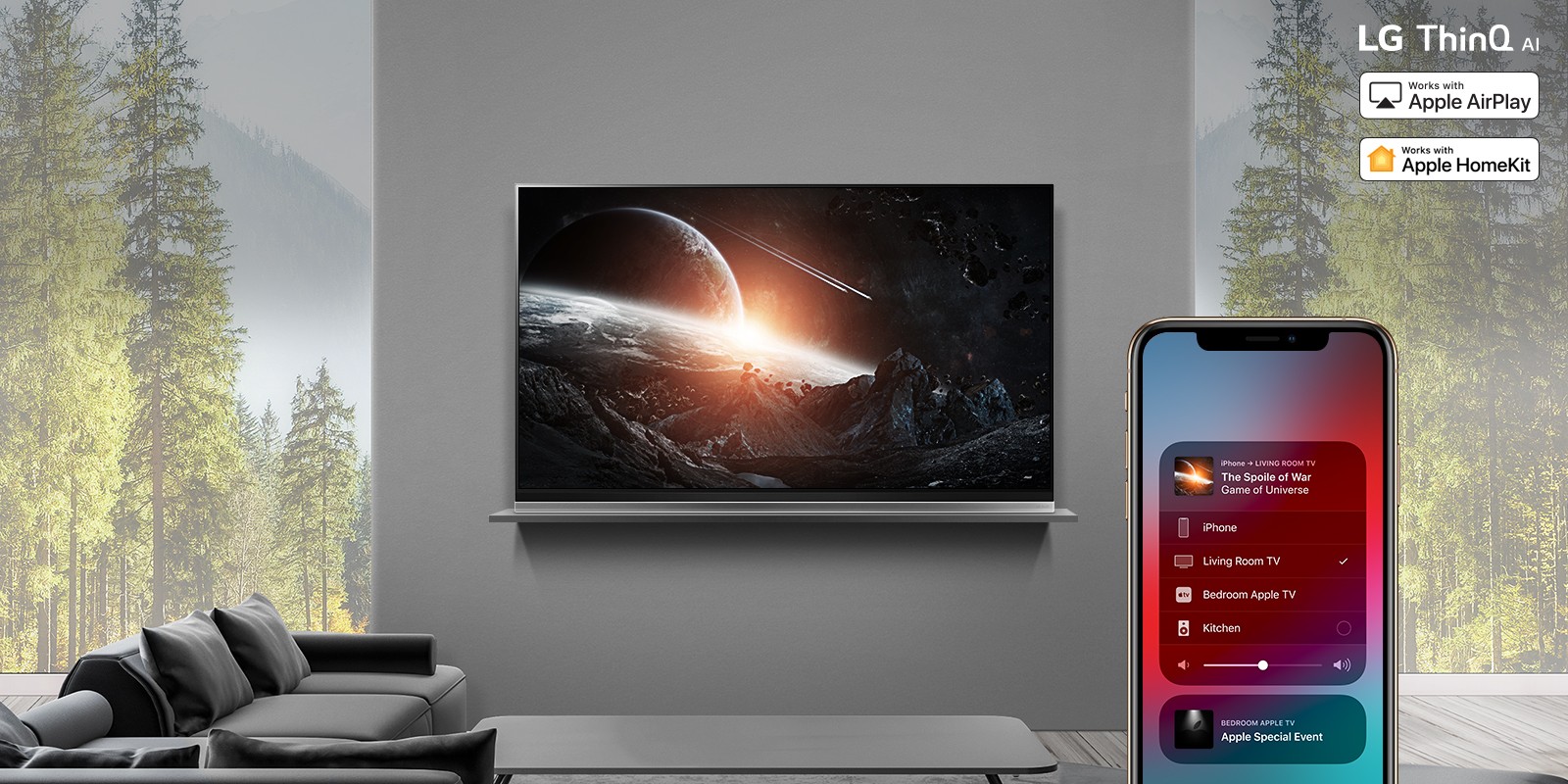 A view of an LG ThinQ AI TV streaming game content from an iPhone through AirPlay2 in the home