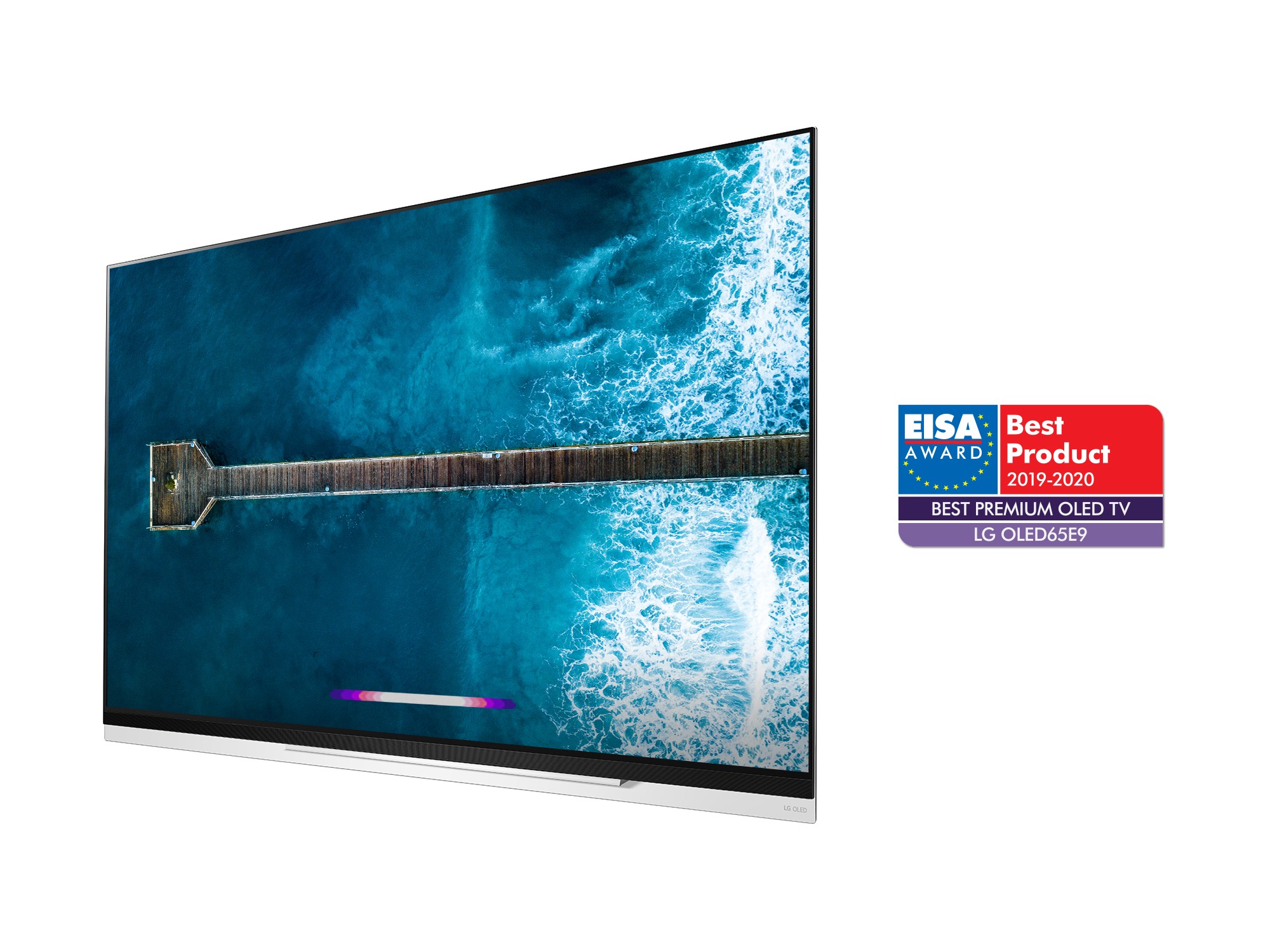 A right-side view of LG OLED TV model OLED65E9 with the EISA Award logo on the right