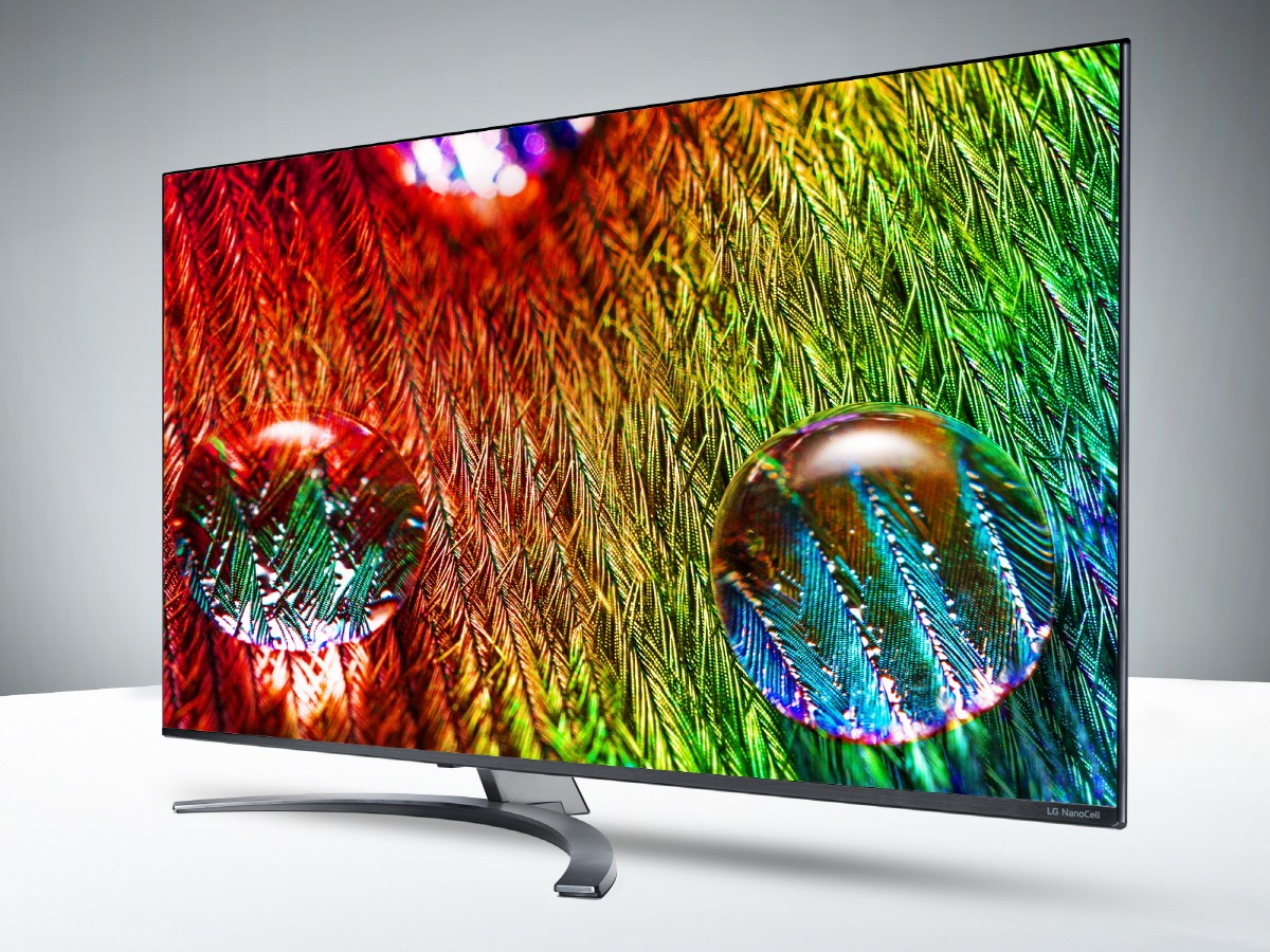 A right-side view of LG 8K NanoCell TV model 75SM99 displaying a close-up picture of colorful water droplets