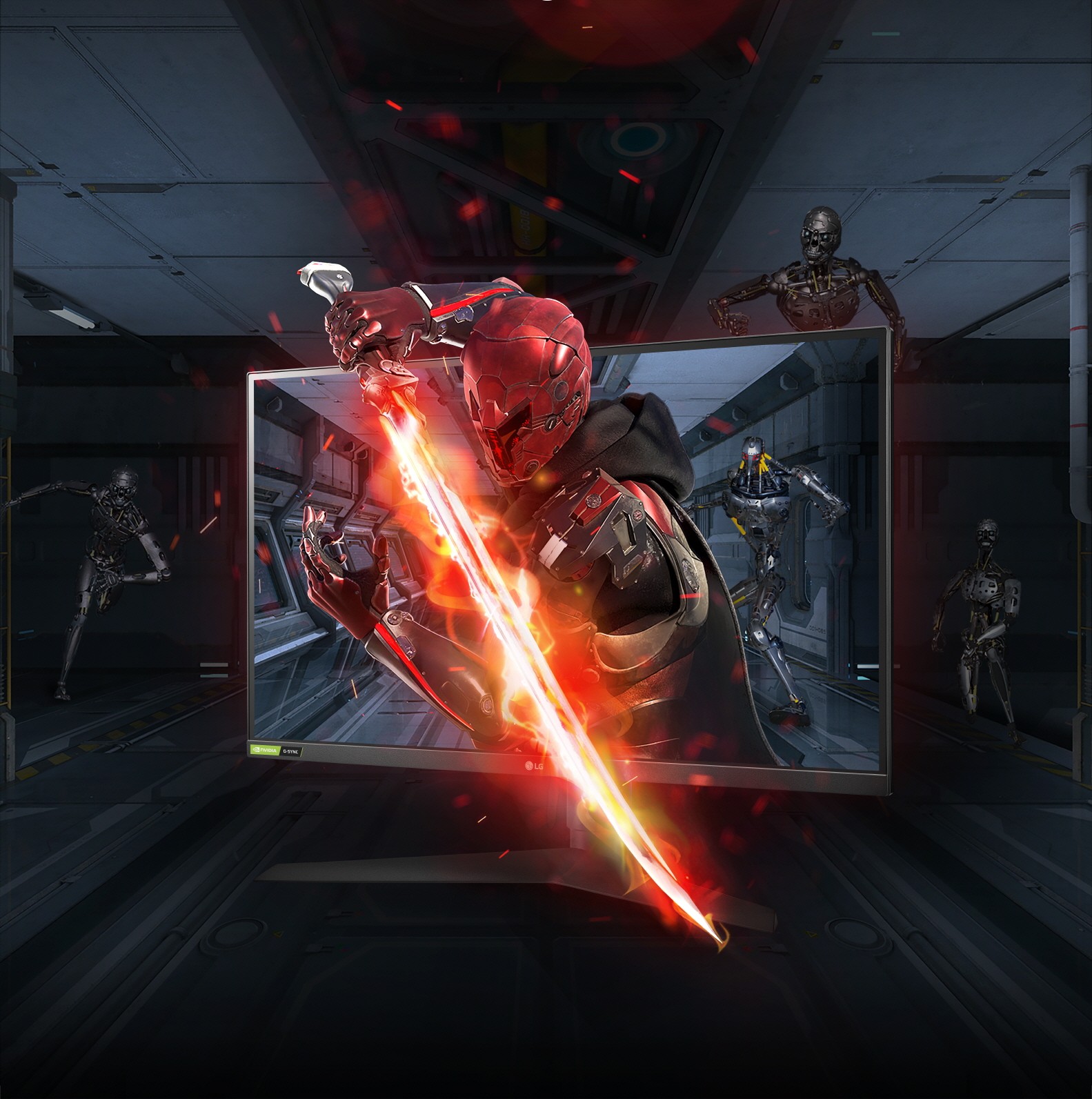 A right-side view of LG UltraGear Monitor model 27GN750 displaying a life-like image of a game character emerging from the monitor’s screen