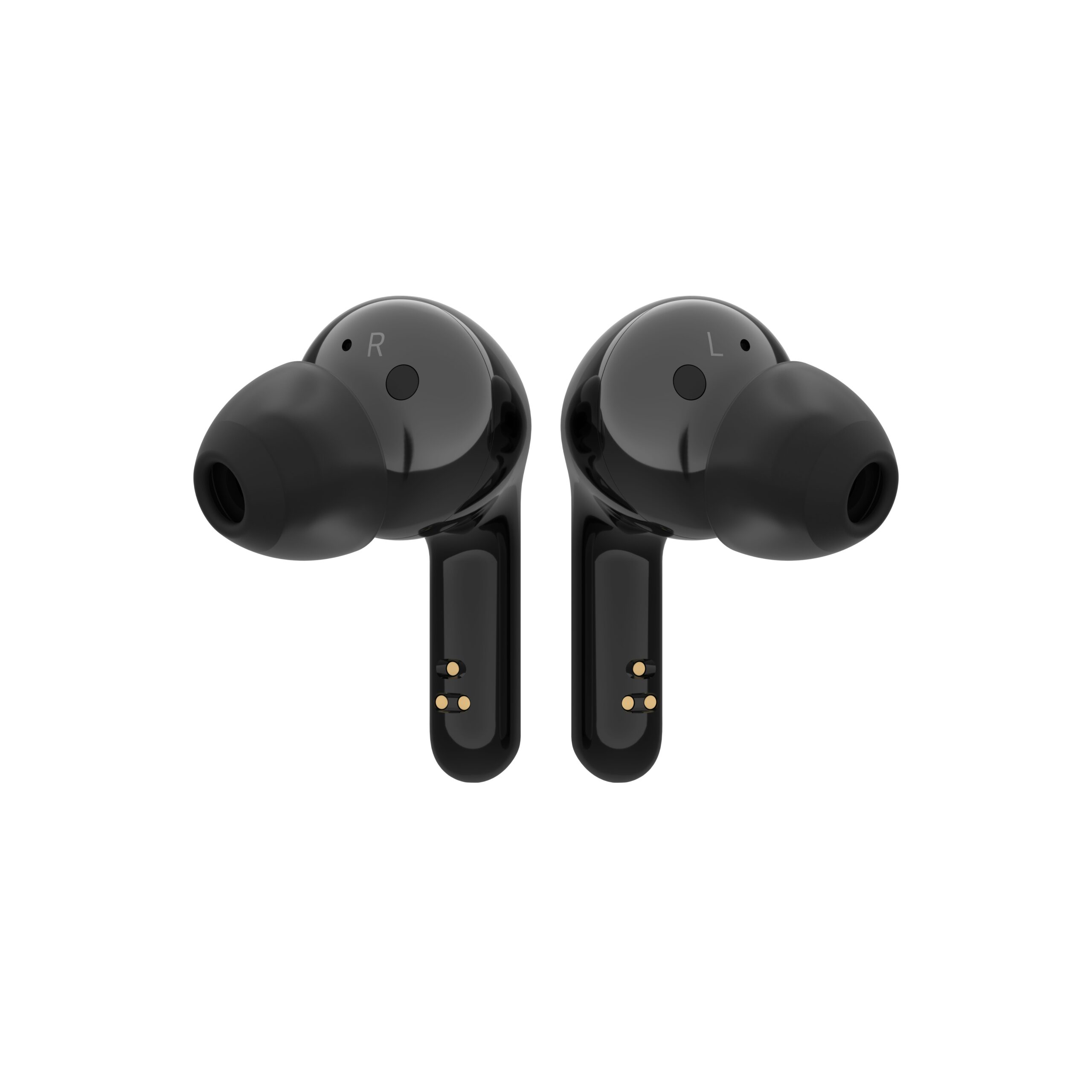 A pair of canal-type LG TONE Free in matte stylish black with each earbud facing the opposite direction