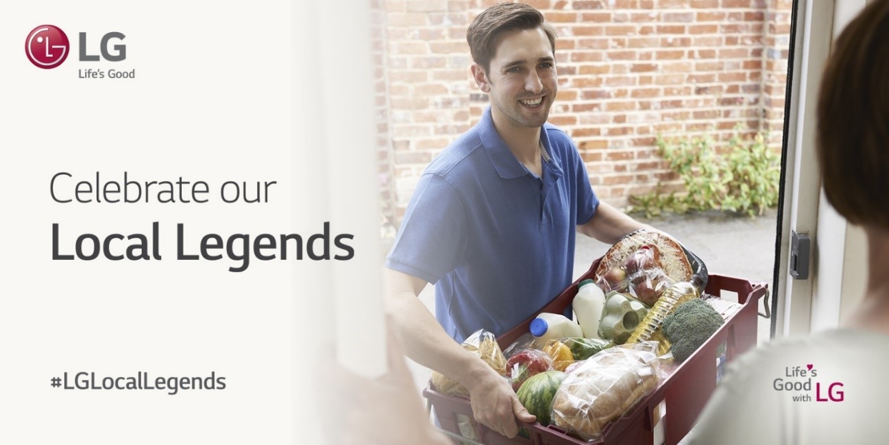 A man carries groceries into someone’s house with the tagline, "Celebrate our Local Legends', displayed on the left