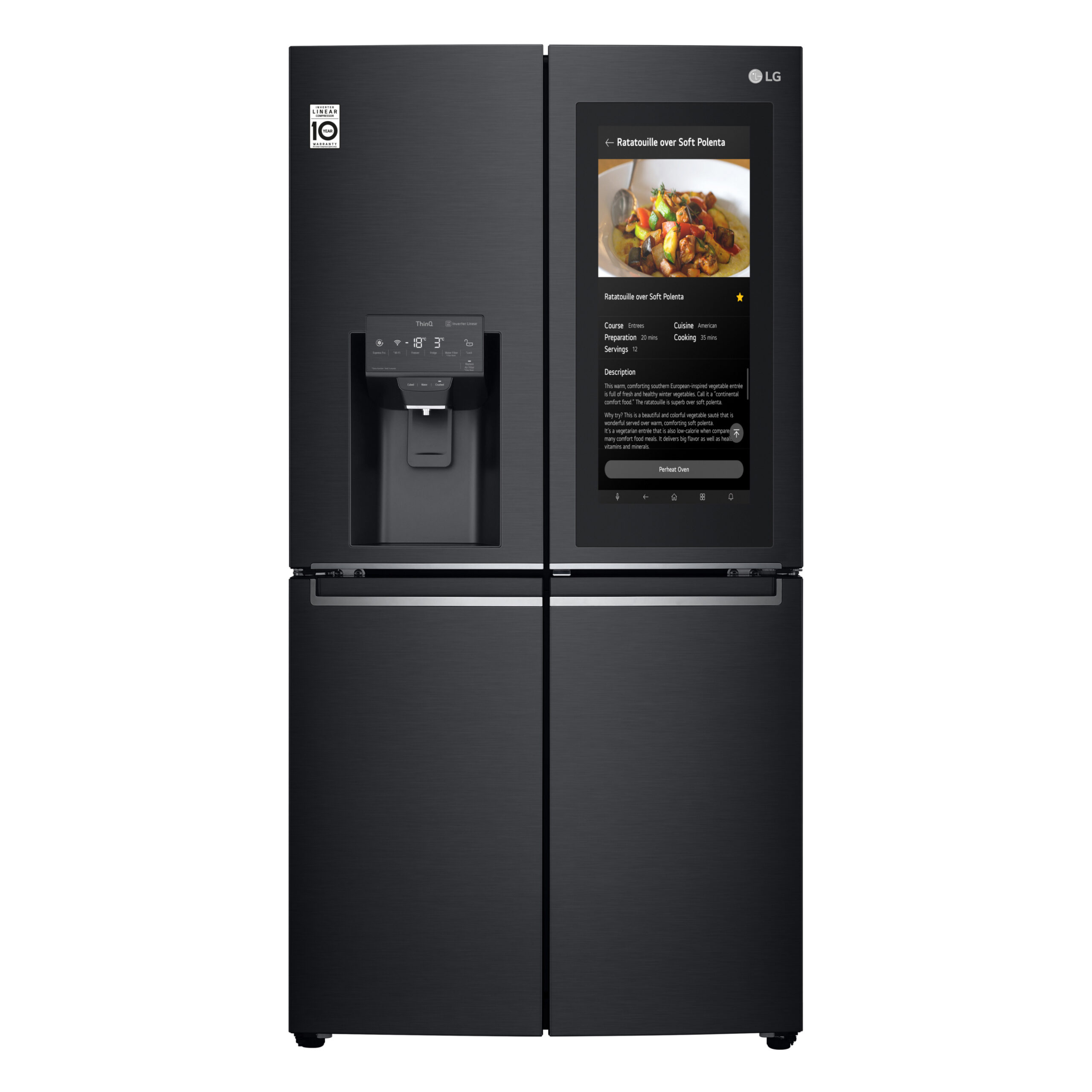 Front view of the latest InstaView ThinQ refrigerator with the InstaView showing a recipe