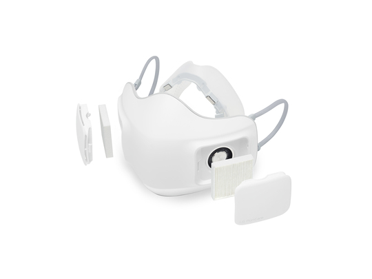 An image showing the LG PuriCare Wearable Air Purifier and the parts of its filters and Dual Fans coming together to form as one