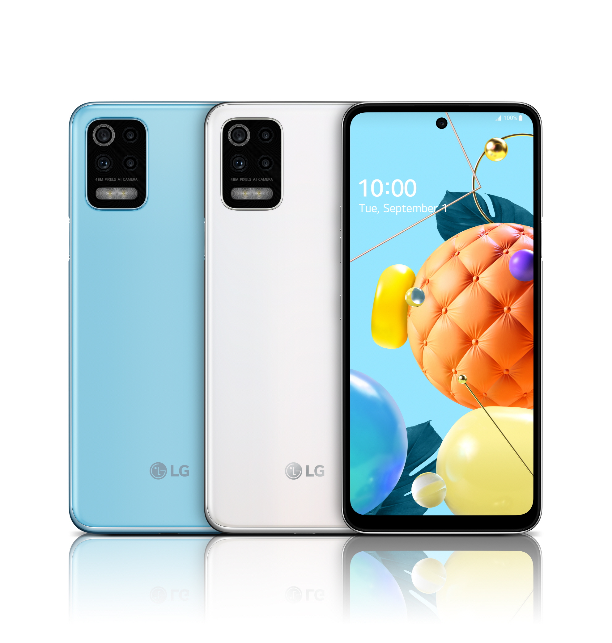 Front and rear view of LG K62 in Sky Blue and White