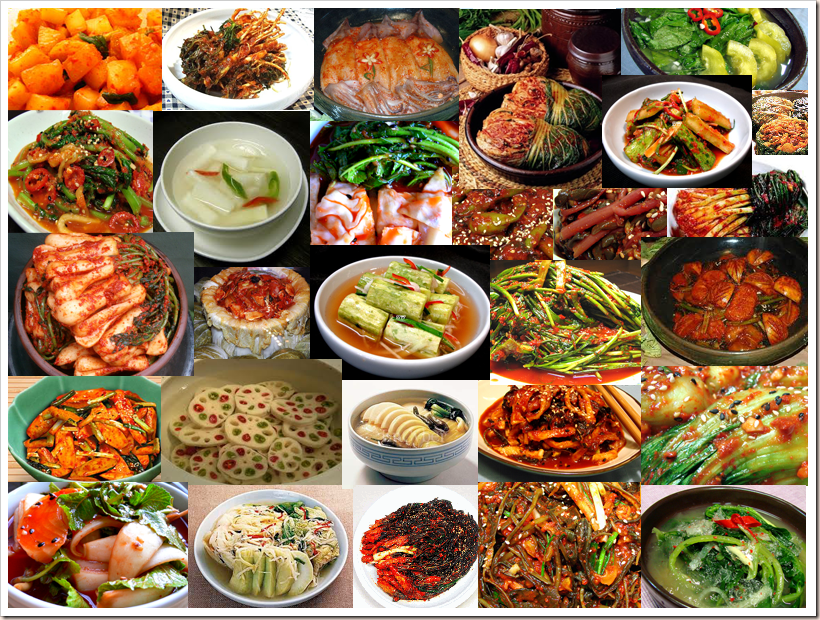 A photo collage of all the different kinds of kimchi – a Korean traditional side dish made from salted, fermented vegetables