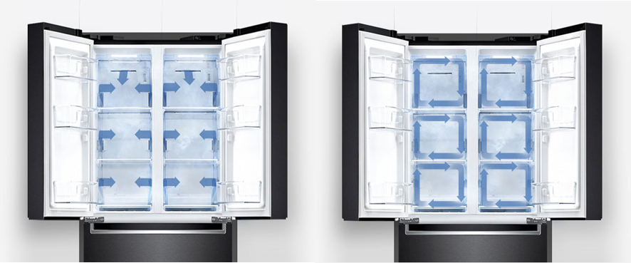Front view of the top half of LG’s kimchi refrigerator in black with both doors open and arrows illustrating where its control system circulates cold air every 6 minutes through 20 air vents