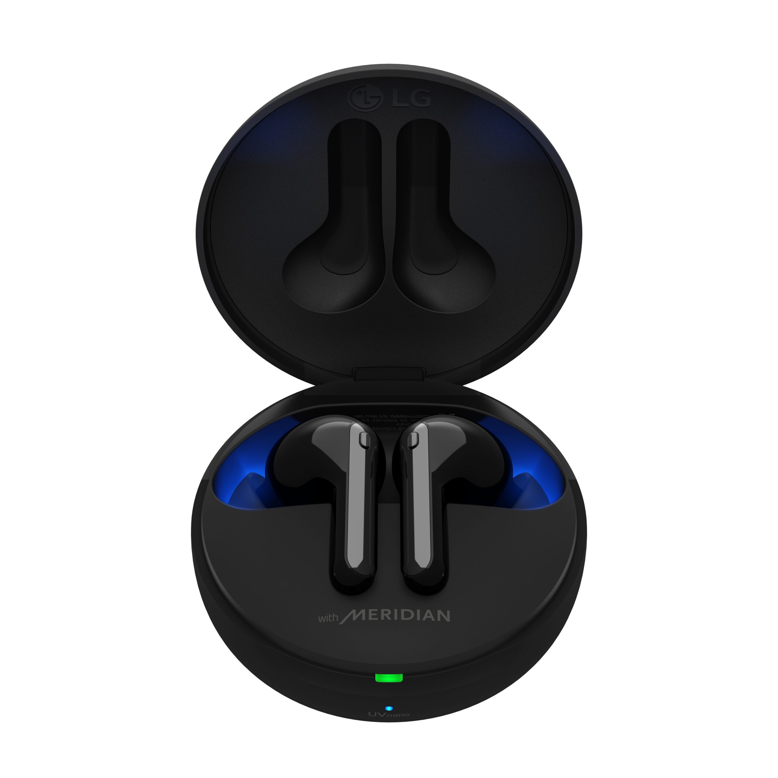 A pair of TONE Free FN7 earbuds in Stylish Black sitting inside its UVnano Charging case, which is emitting a blue light from the top of the case informing charging level and UV nano status