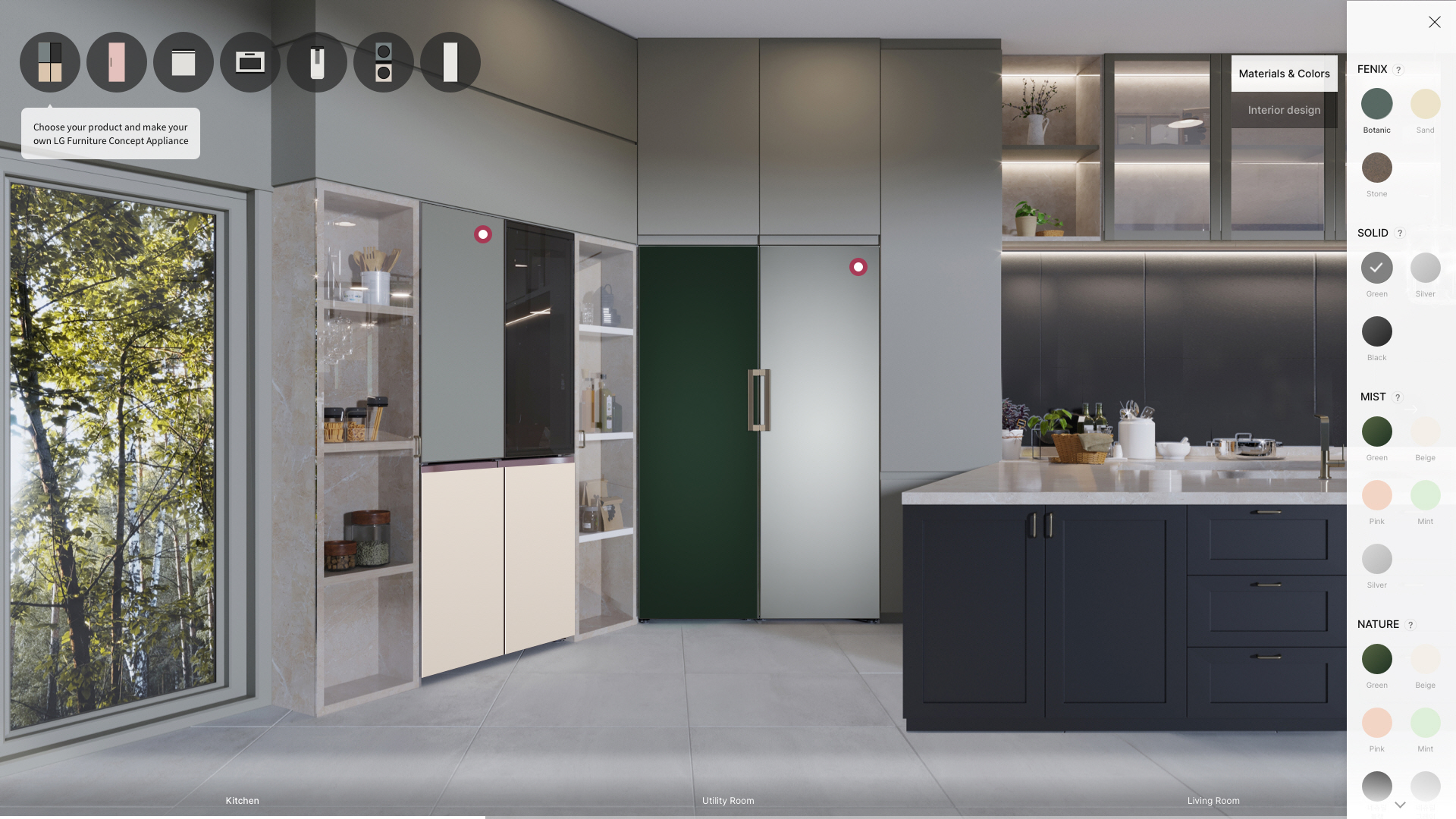 A picture of the virtual showroom to simulate selection of color and finish type of InstaView® and Fridge and Freezer pair from LG Furniture Concept Appliance