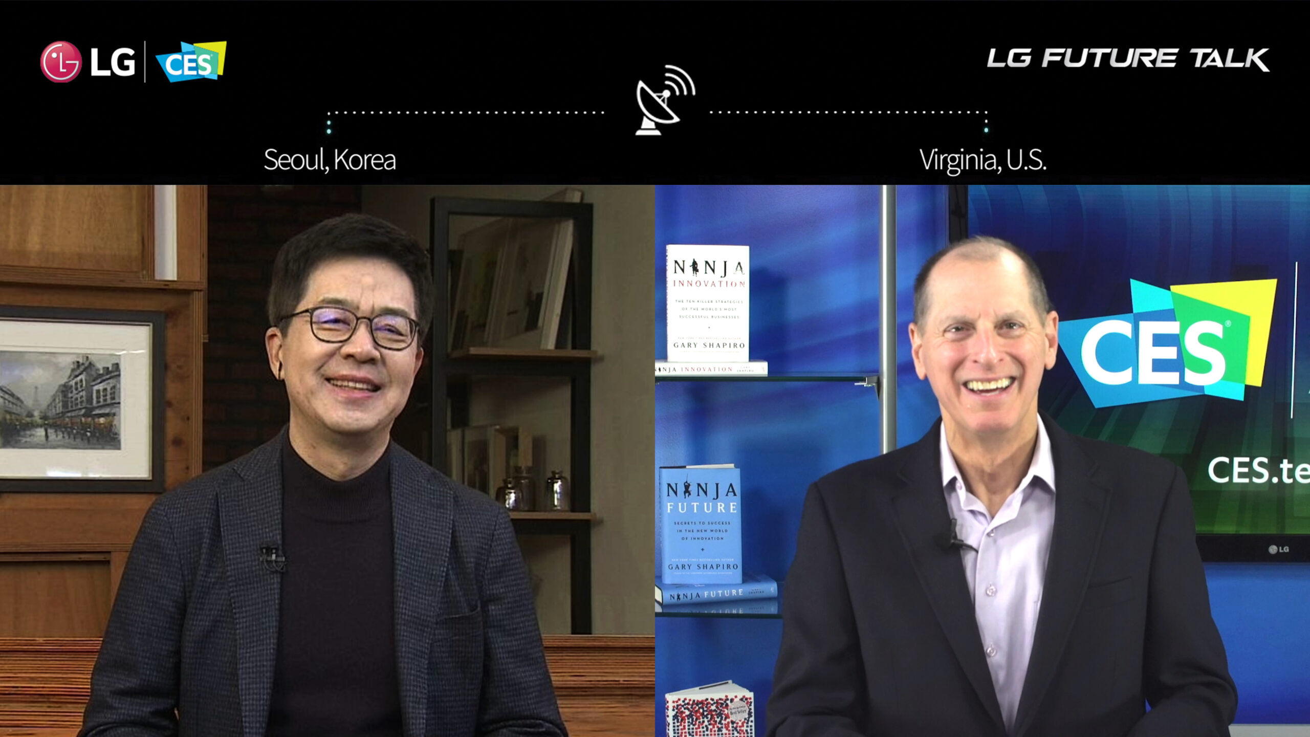 Dr. I.P. Park, president and CTO of LG Electronics, and Gary Shapiro, president and CEO of CTA, discussing the growing power of partnerships across disciplines and industries to deliver what is right for consumers via an LG Future Talk video call.