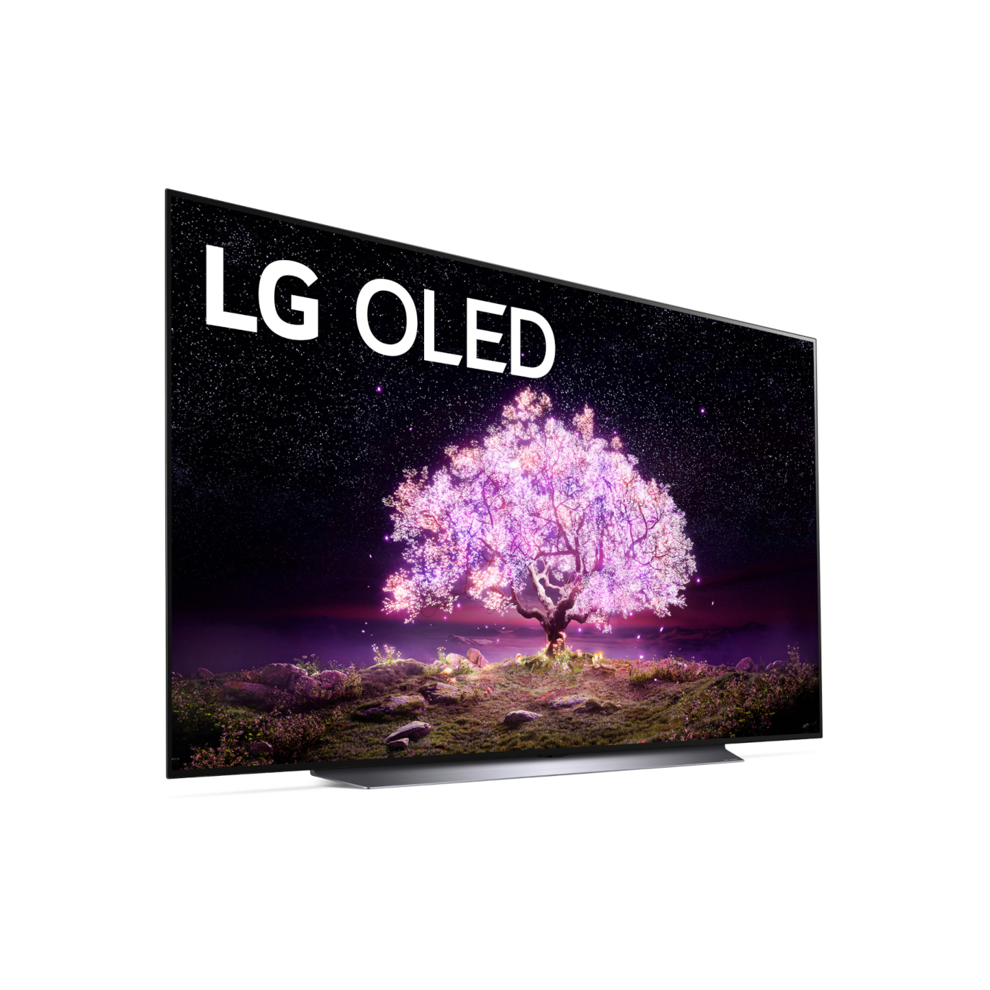 Front left-side view of LG 8K OLED Z1 displaying a tree from fantasy with leaves illuminating bright purple to showcase the display's amazing clarity, detail and realism