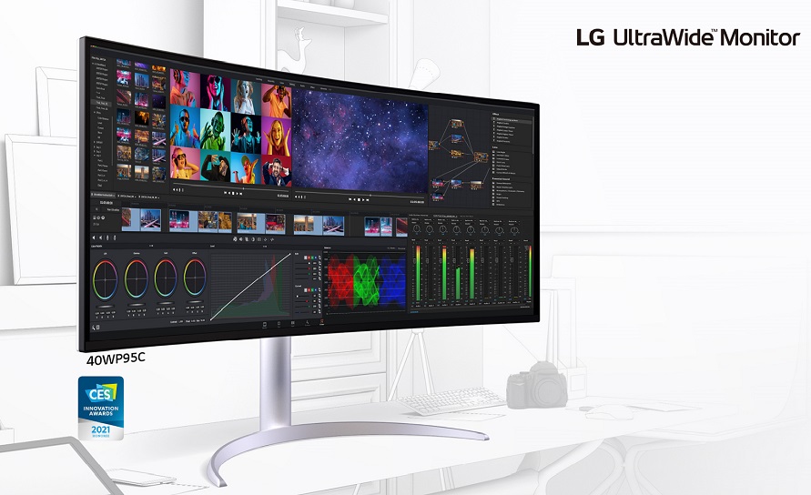 LG UltraWide monitor 40WP95C, a CES Innovation Award Honoree, displaying every video and picture editing tool on one screen