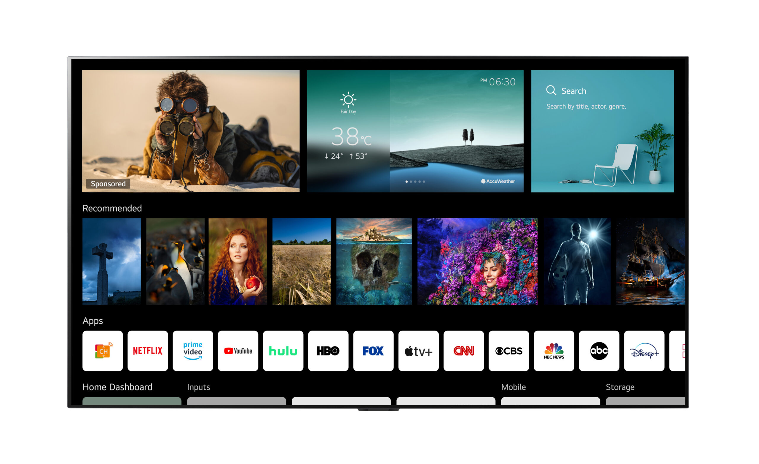 Screenshot of LG webOS’s New Home screen which provides an overview of the most frequently used apps, content and useful features for easier access